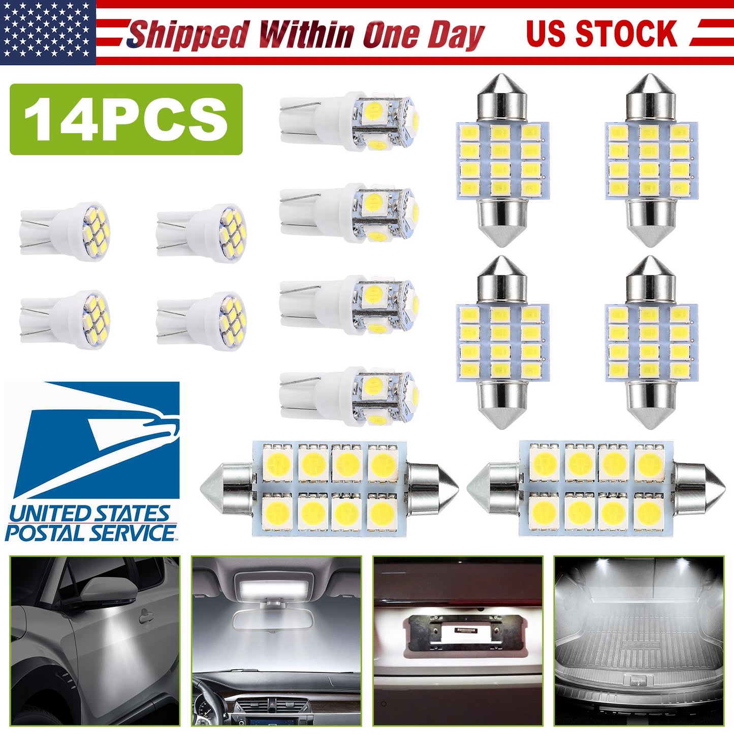 LED Interior Light Kit for Cars - 14 Piece Set, 6000K White