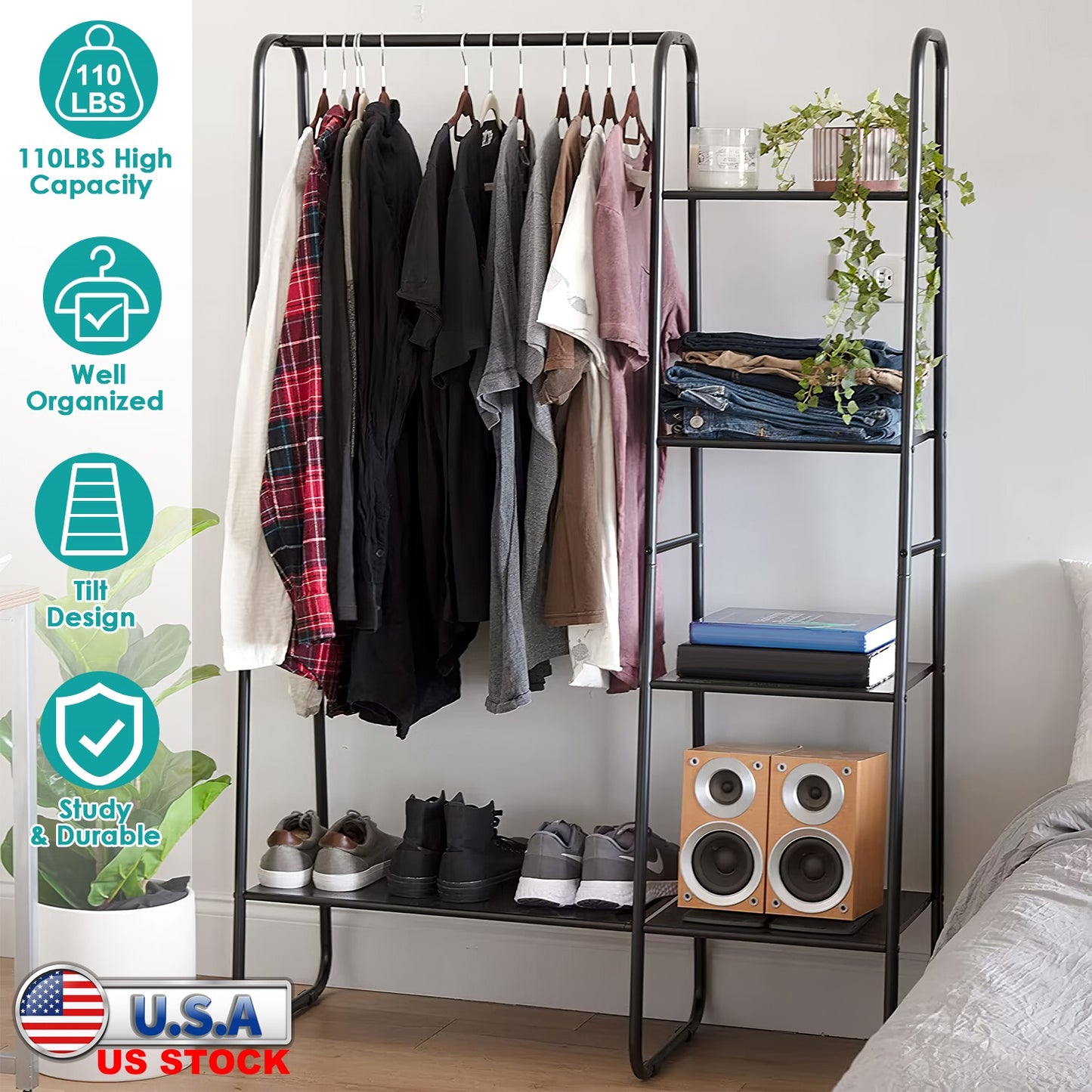 Metal Garment Rack with 5 Shelves and Hanging Rod