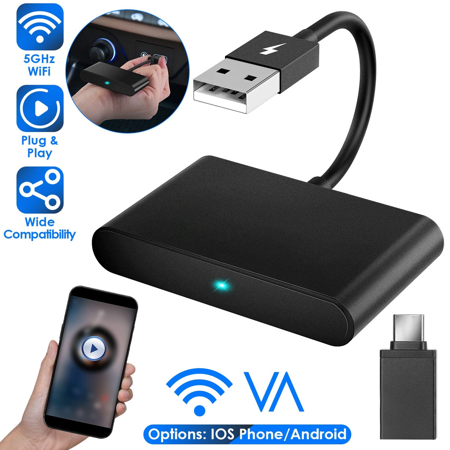 Wireless CarPlay Adapter for iPhone & Android - 5GHz WiFi