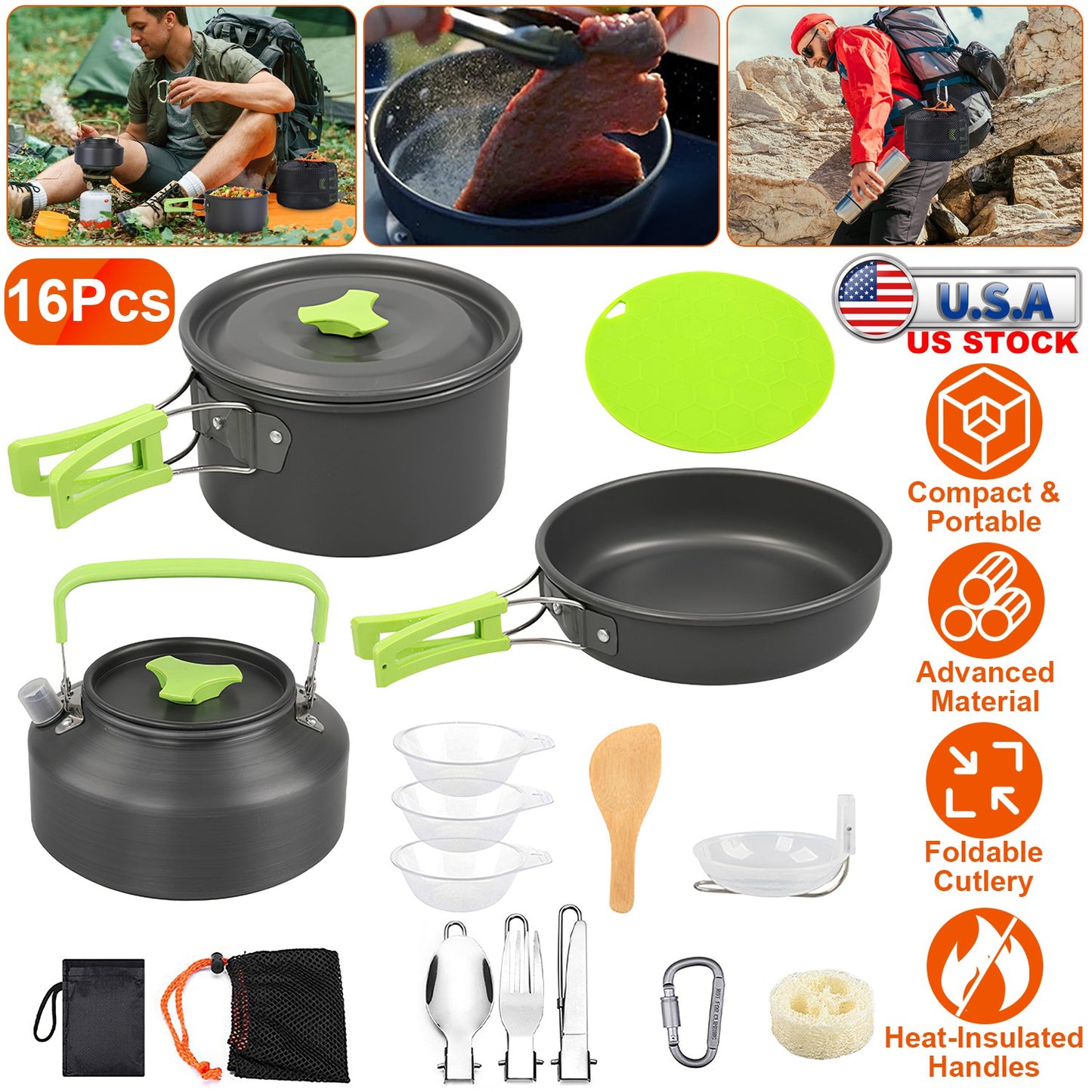 16-Piece Camping Cookware Set with Pot, Pan & Kettle