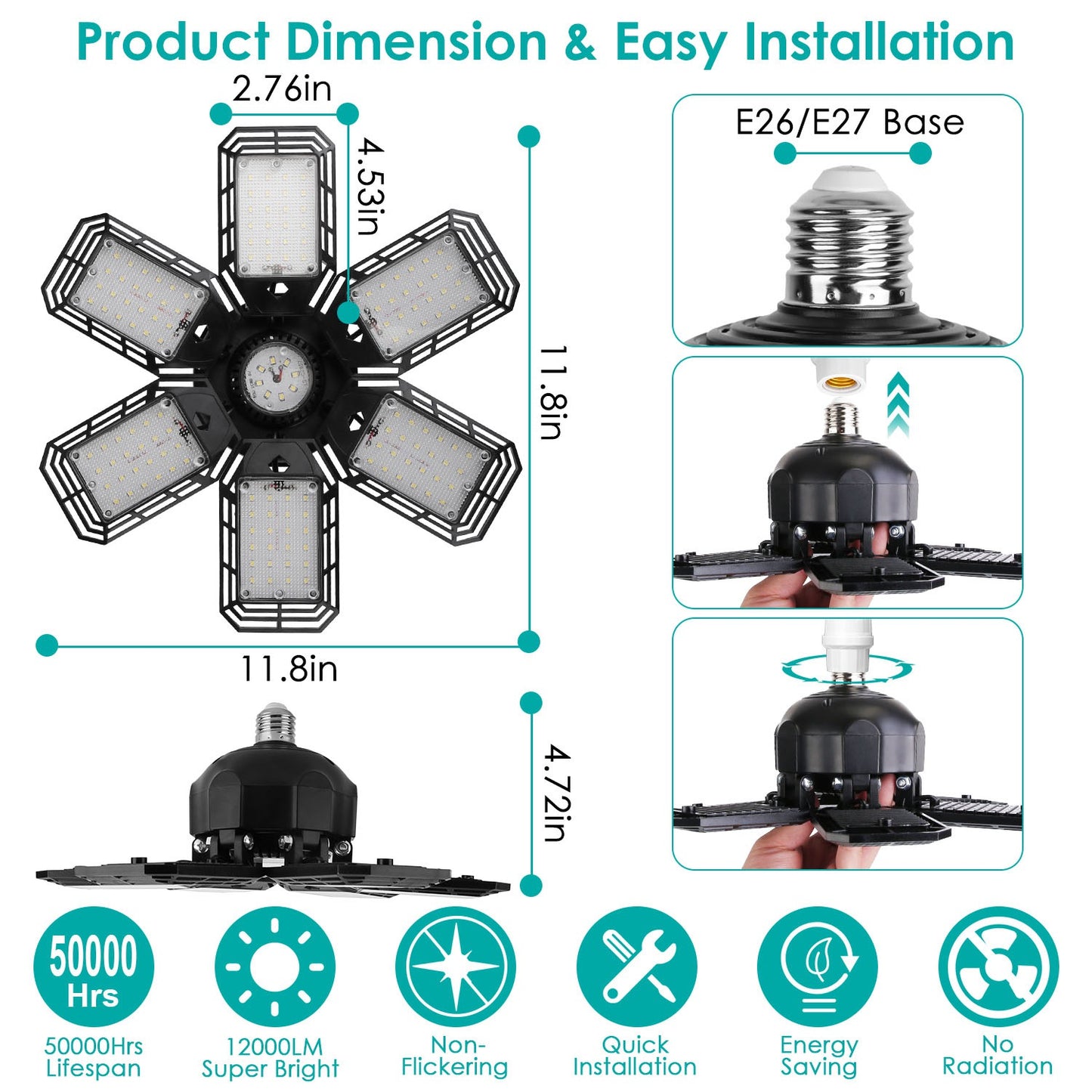 LED Garage Light 160W Deformable 6-Blade Ceiling Light