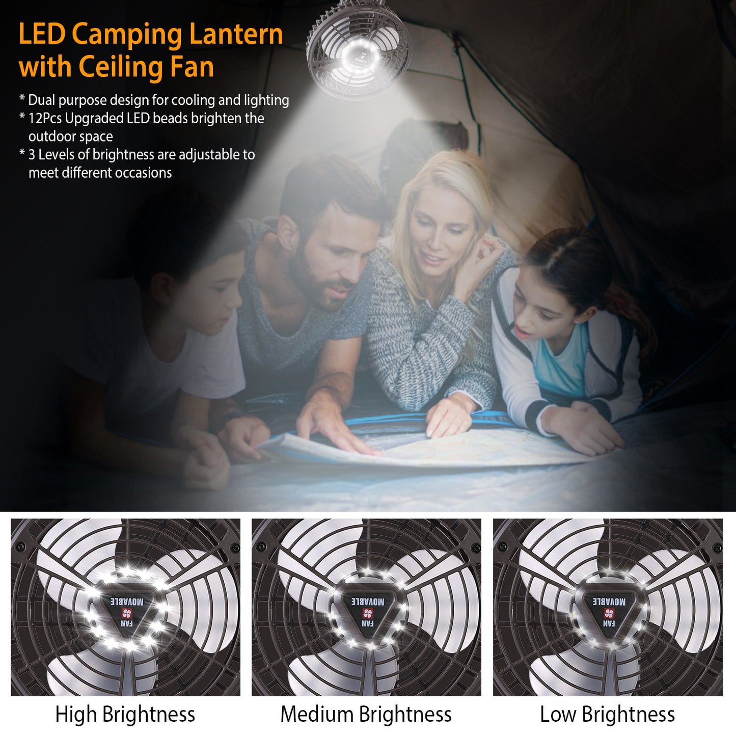 Portable Camping Fan with LED Light and Tripod Stand