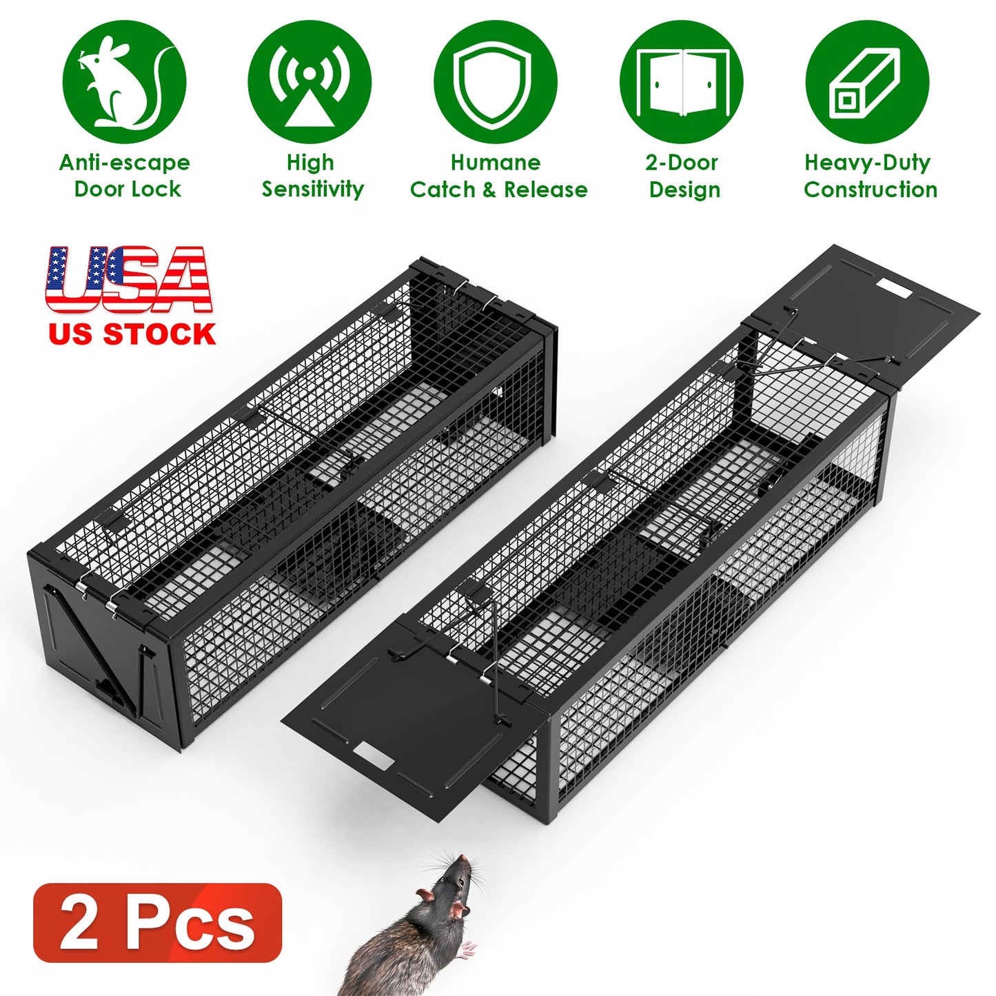 Humane Live Rat Trap 2-Pack - Dual Door Galvanized Cage