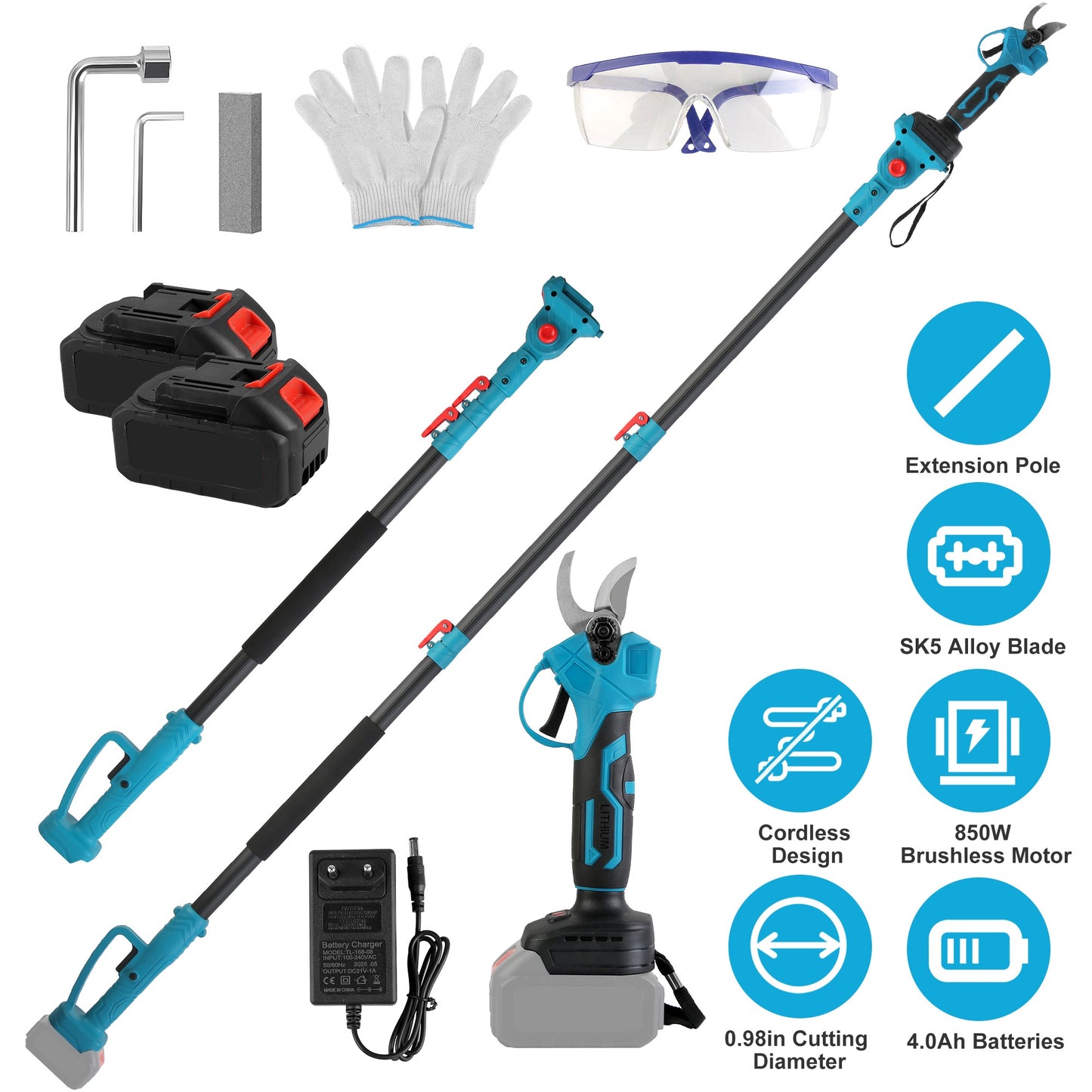 Electric Pruning Shears with 13ft Extension Pole & 2 Batteries