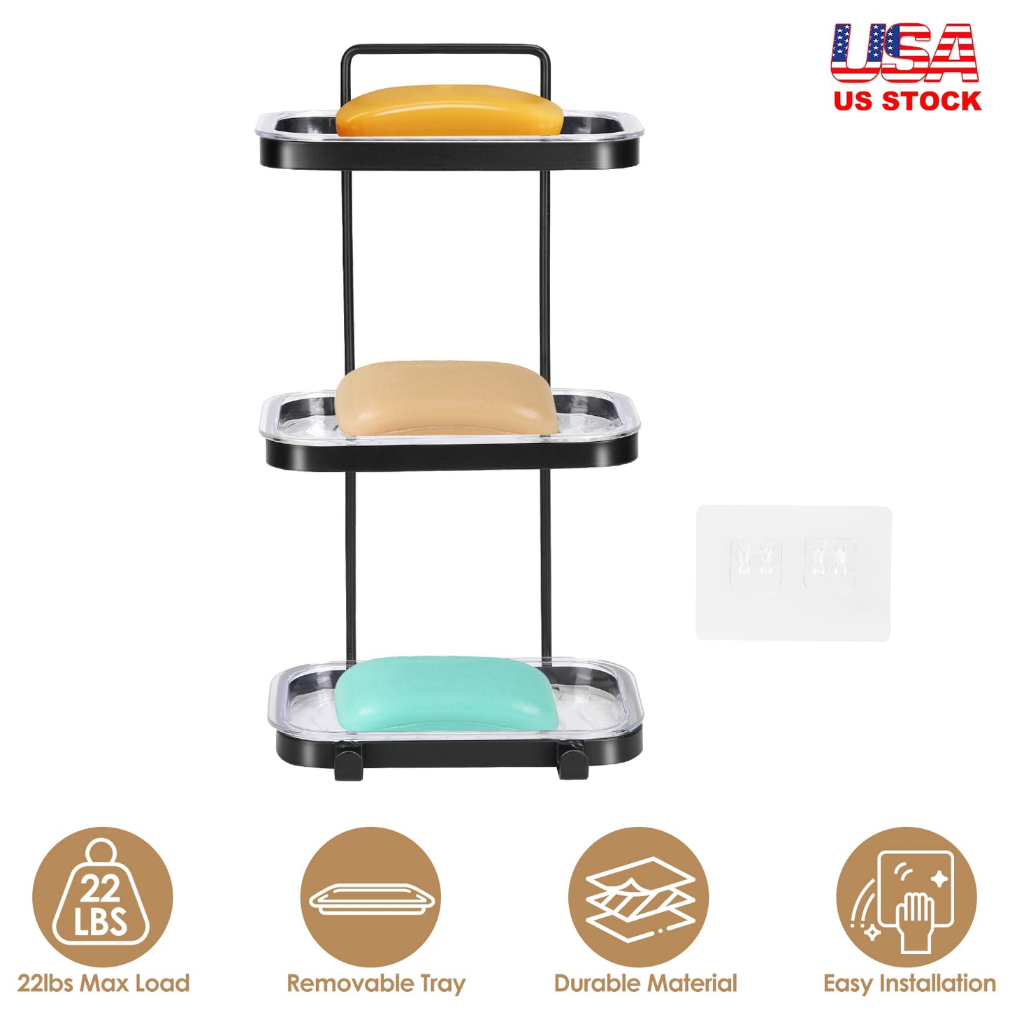 Wall Mounted Soap Dish Holder with Removable Tray & 2 Hooks