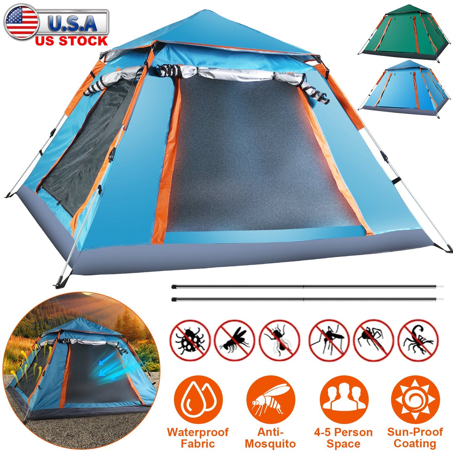 4-5 Person Camping Tent with Mosquito Net Windows