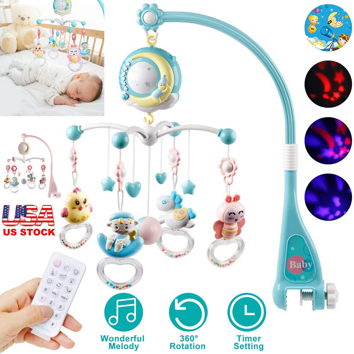 Baby Musical Crib Bed Bell Rotating Mobile Star Projection Nursery Light Baby Rattle Toy w/ Music Box Remote Control