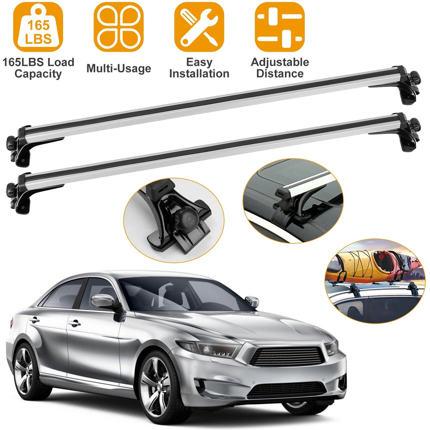 47.24in Universal Top Roof Rack Cross Bar Cargo Carrier Aluminum Crossbar Rack w/ 165LBS Capacity Fit for Most Vehicle Wagon Car Without Roof Side Rai