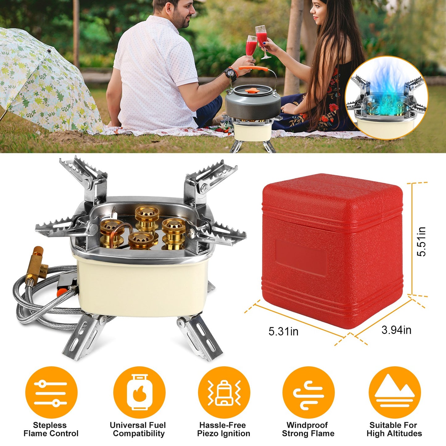 Portable Camping Stove 13000W 5-Head Gas Burner with Piezo Ignition