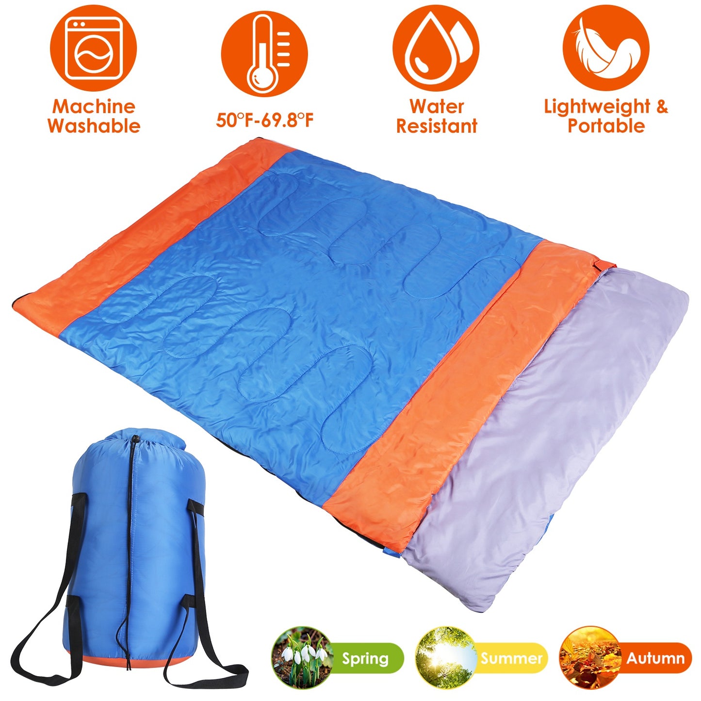 Double Sleeping Bag for 2-3 People - Water Resistant Cotton