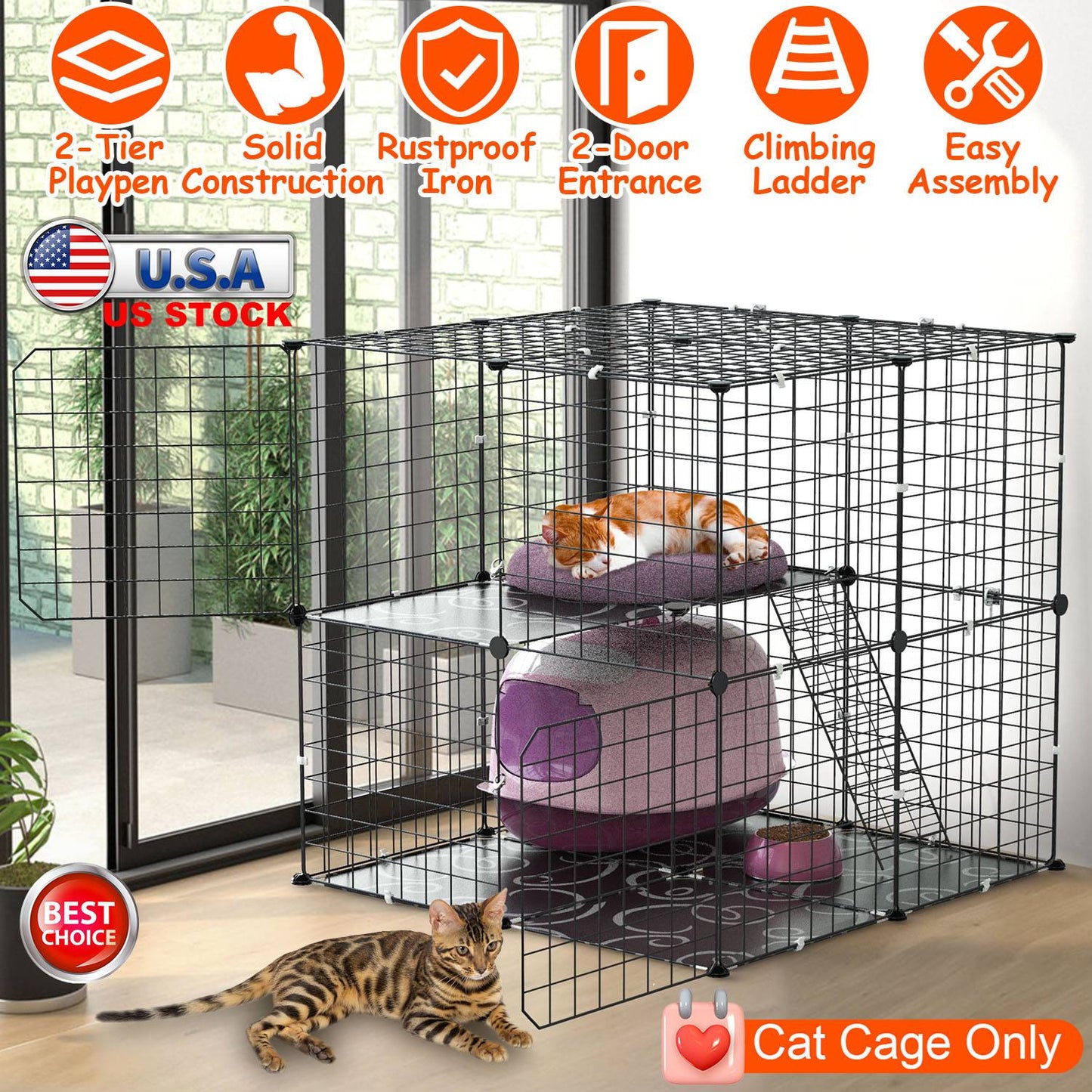 2-Tier Cat Cage Playpen with Climbing Ladder & Dual Doors