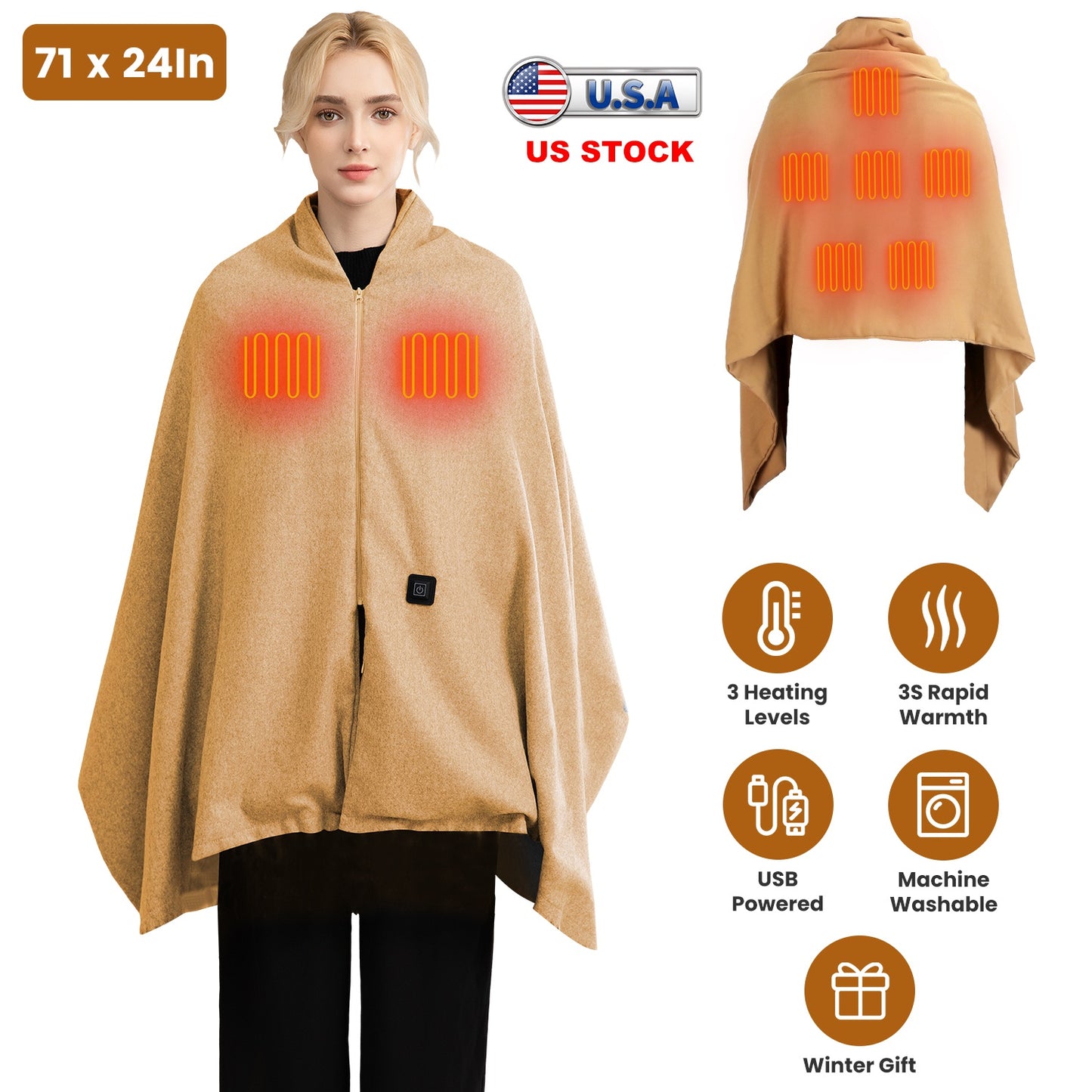USB Heated Shawl with 3 Heat Levels and Zipper
