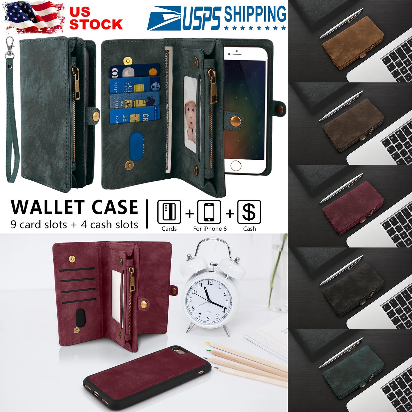 iPhone 8 Wallet Case with 13 Card Slots & Detachable Cover