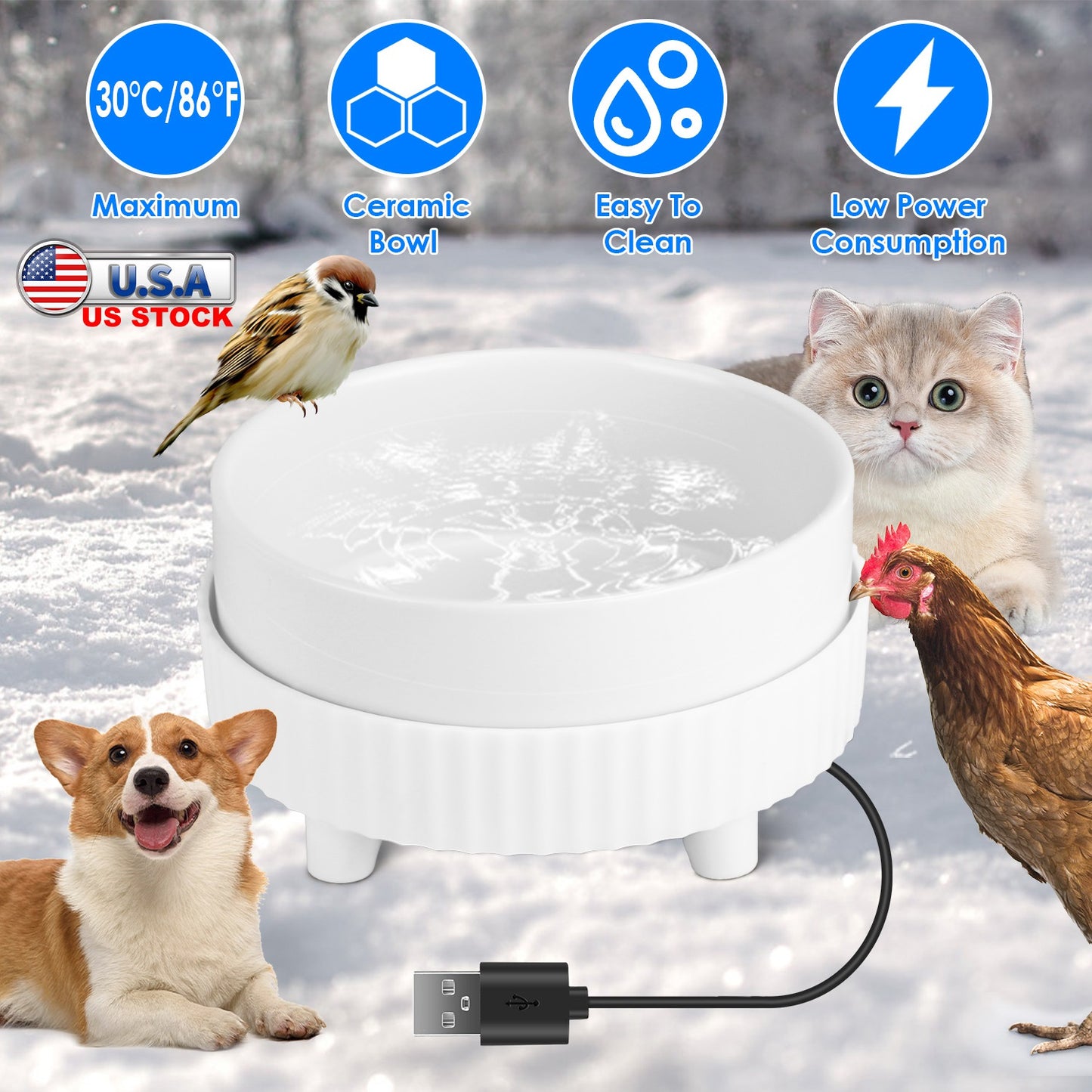 Heated Pet Water Bowl - USB Powered Ceramic Non-Freezing
