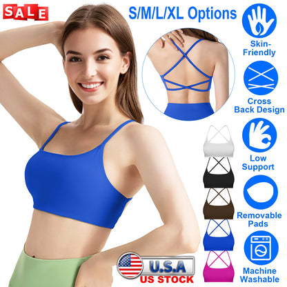 Women Cross Back Sport Bras Padded Strappy Crop Open Back Low Impact Bras Sexy Fitness Tank Tops with Removable Pads Thin Straps for Gym Yoga Workout