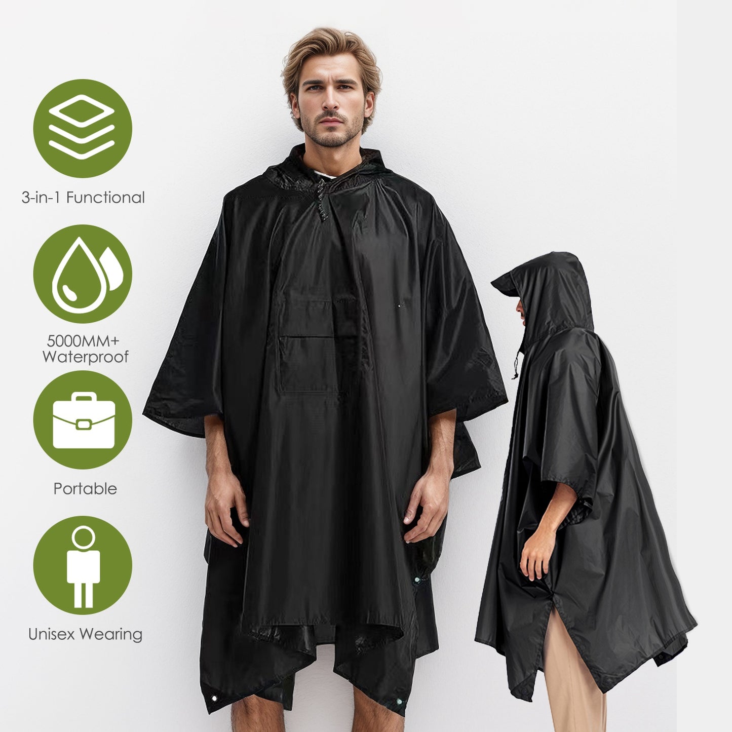 Unisex Hooded Rain Poncho With Pocket