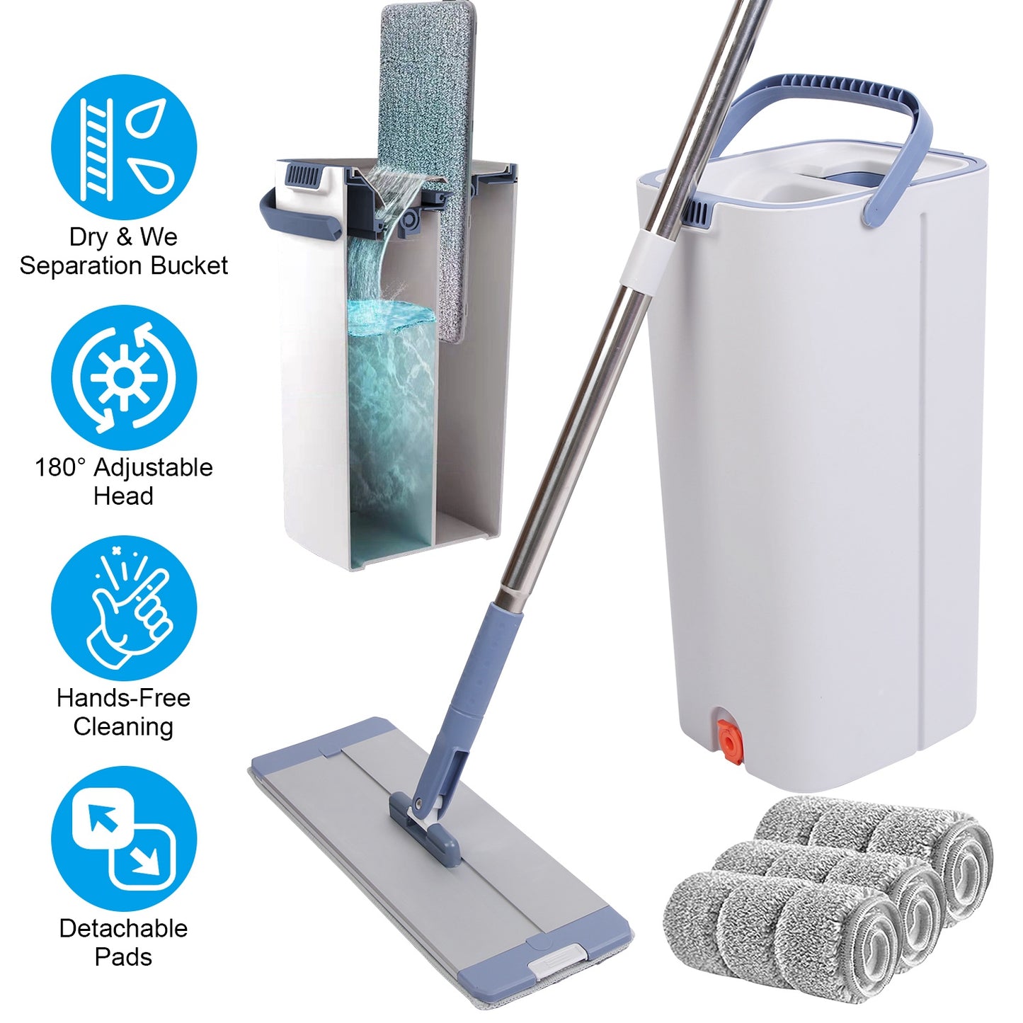Flat Mop and Bucket Set with Wringer and 3 Microfiber Pads