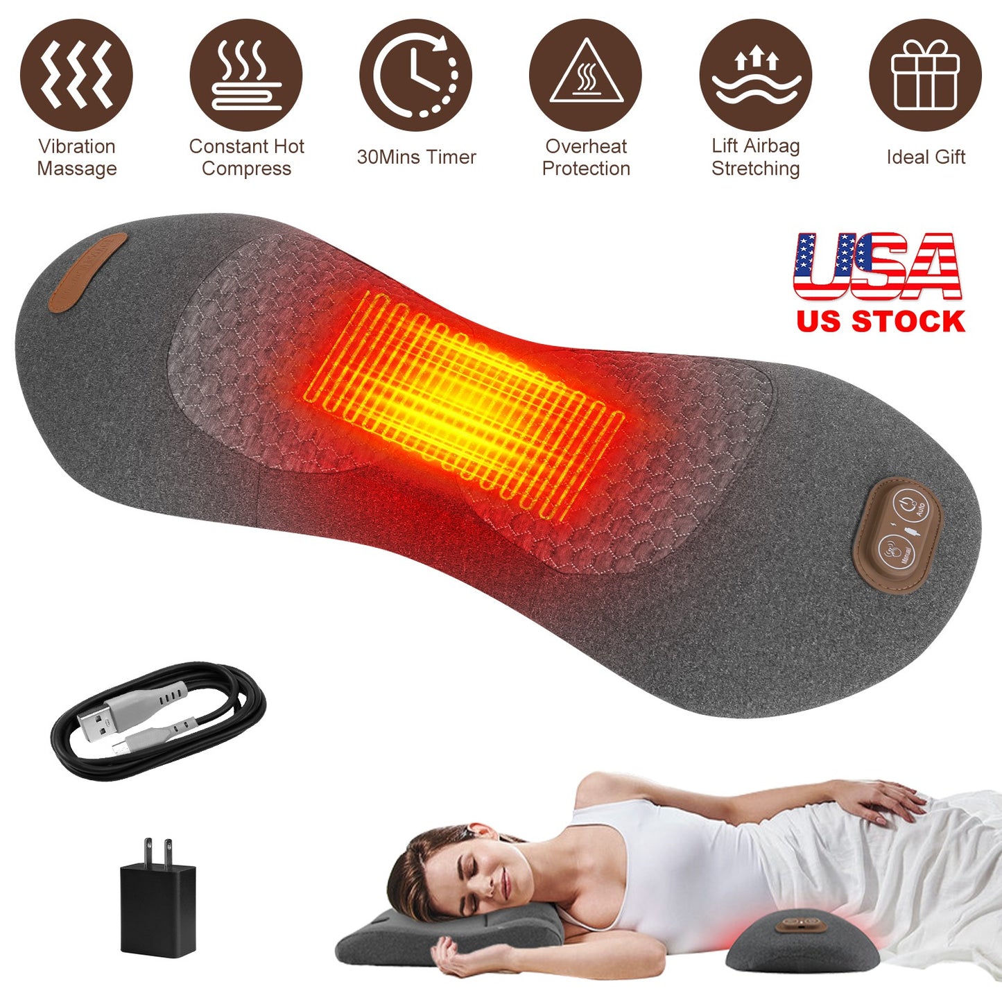 Electric Lumbar Massager Pillow with Heat & Vibration