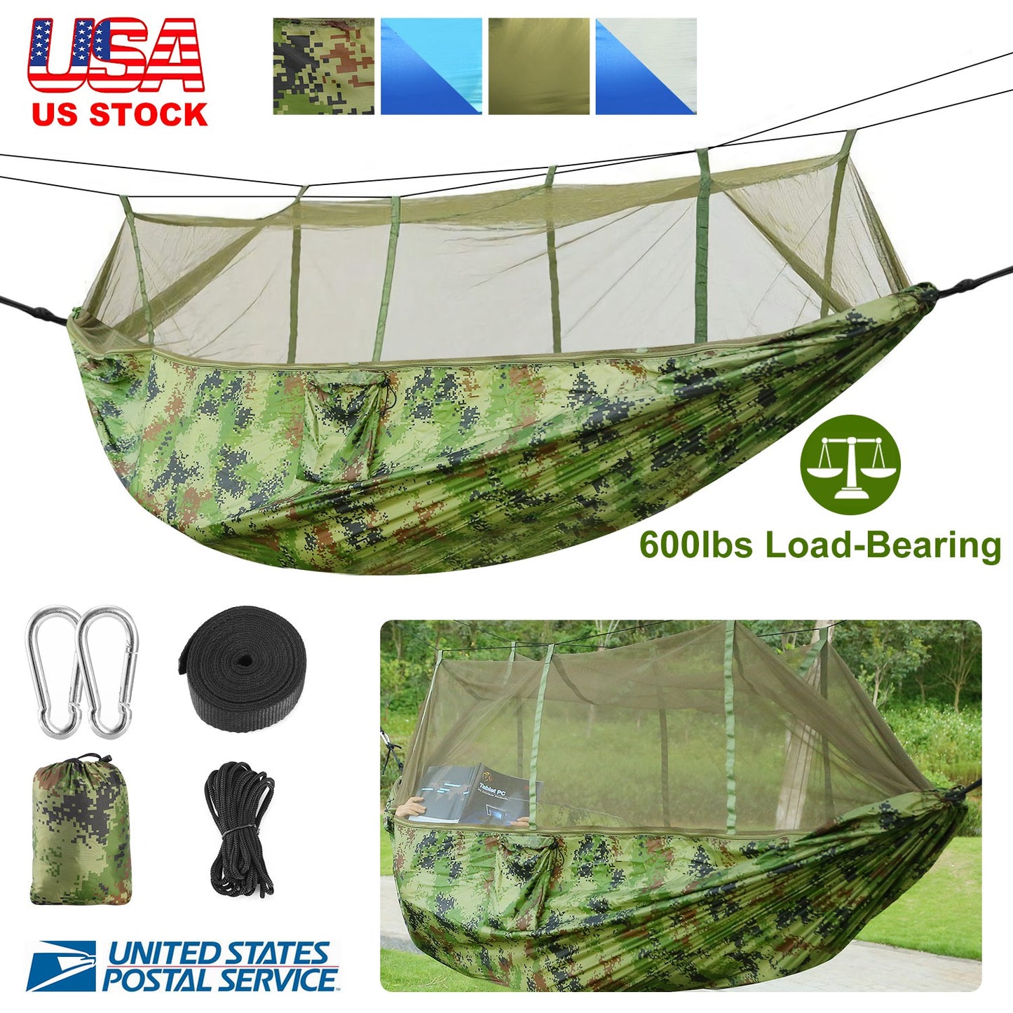 Camping Hammock with Mosquito Net - 600lb Capacity for 2 People