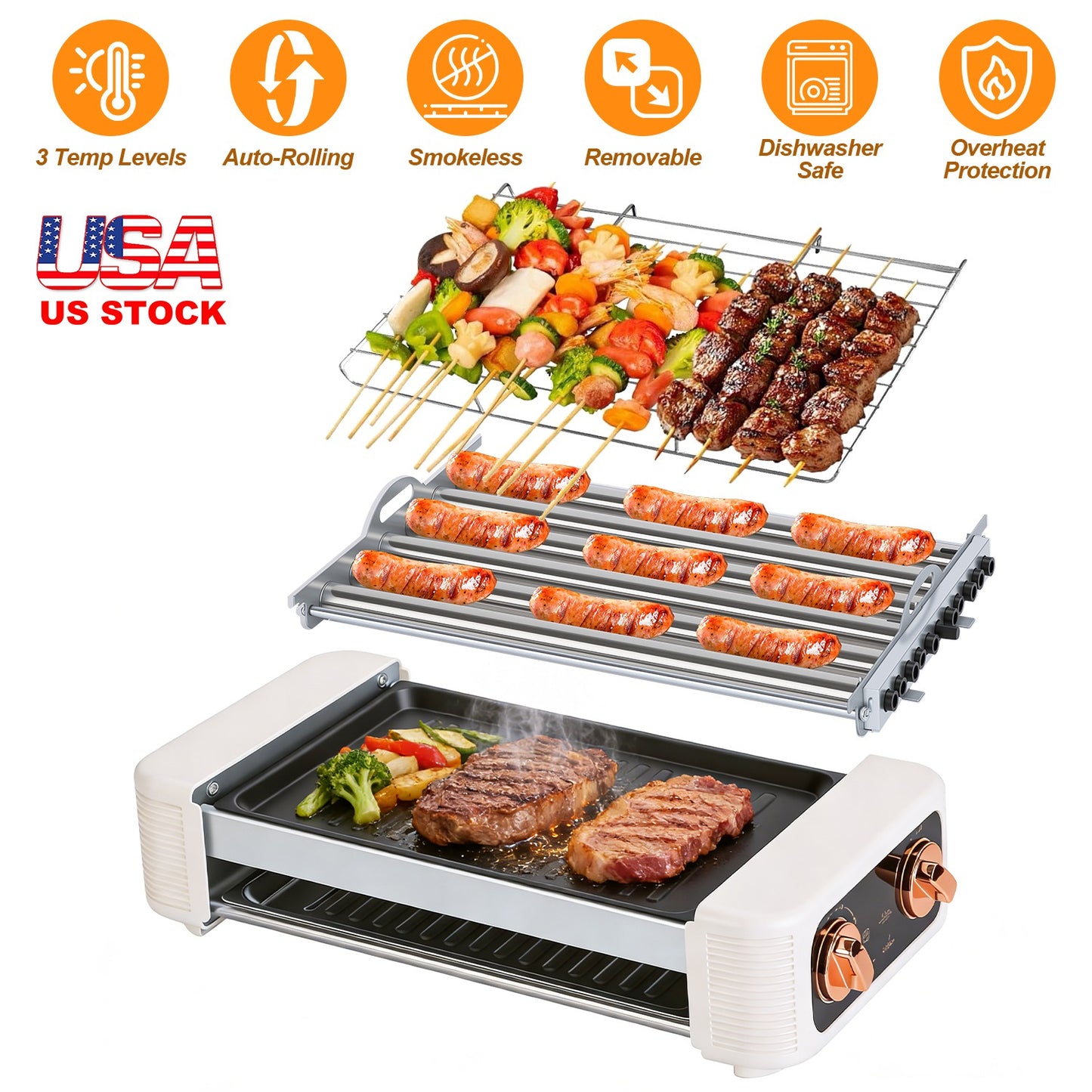 Electric Hot Dog Roller Grill with Griddle - 3-in-1 Cooker