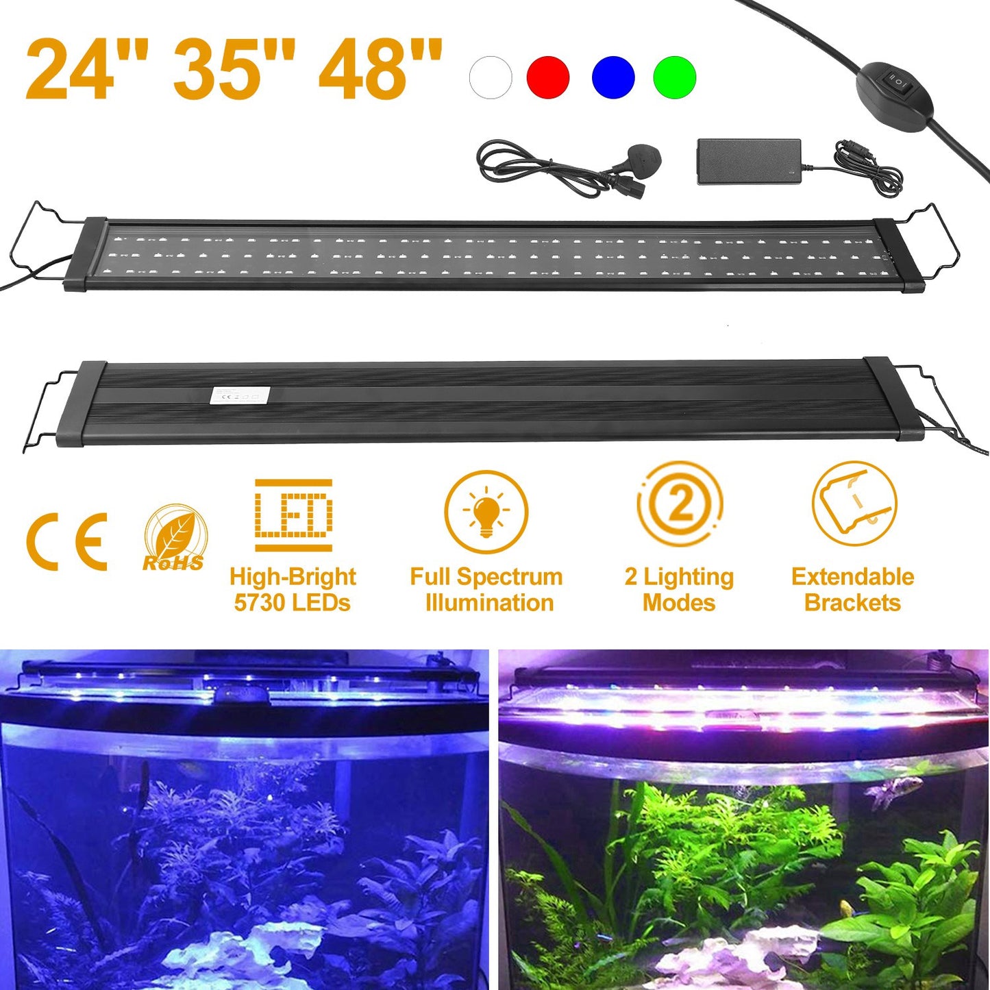 Full Spectrum LED Aquarium Light with Extendable Brackets