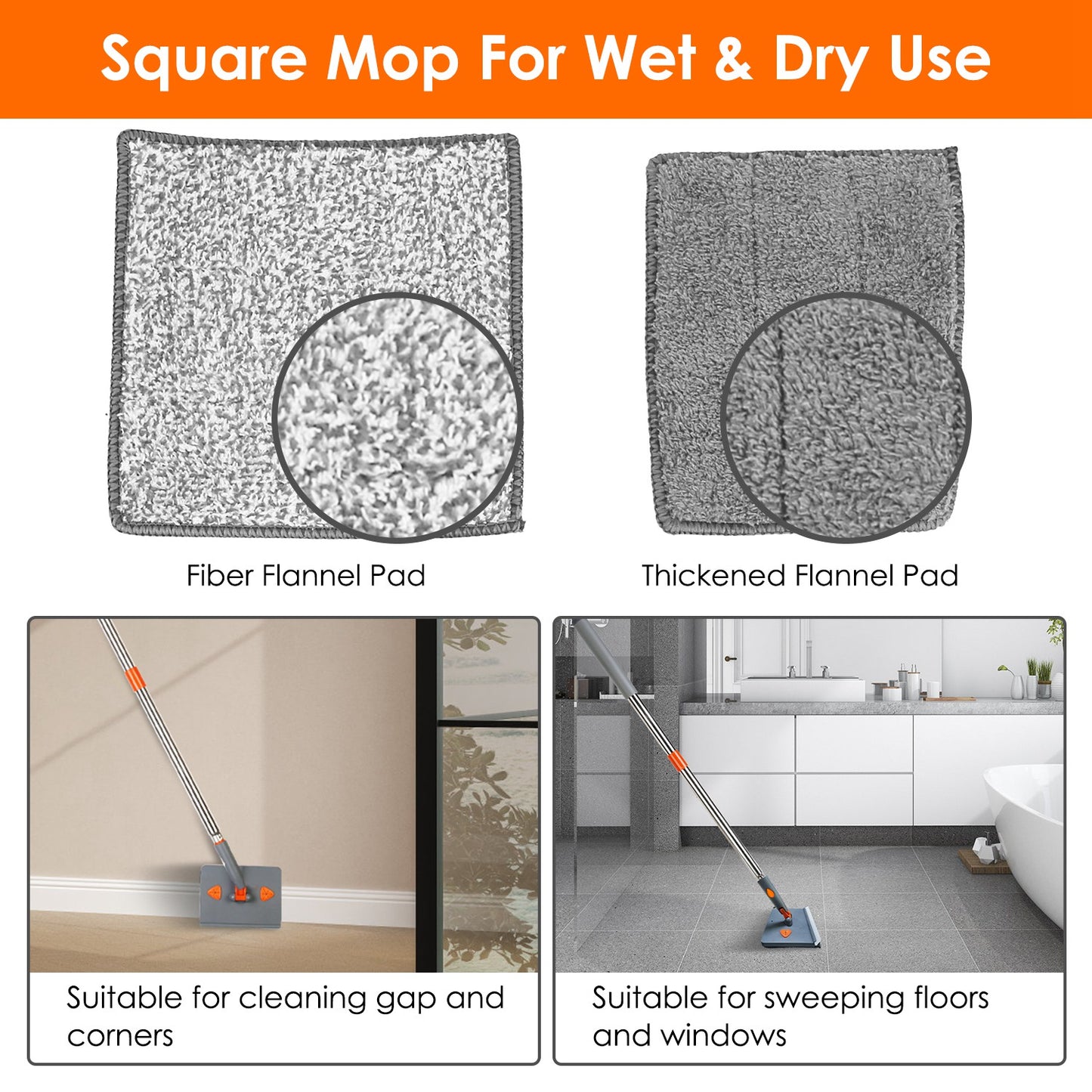 Baseboard Cleaner Mop with Extendable Handle & 8 Reusable Pads