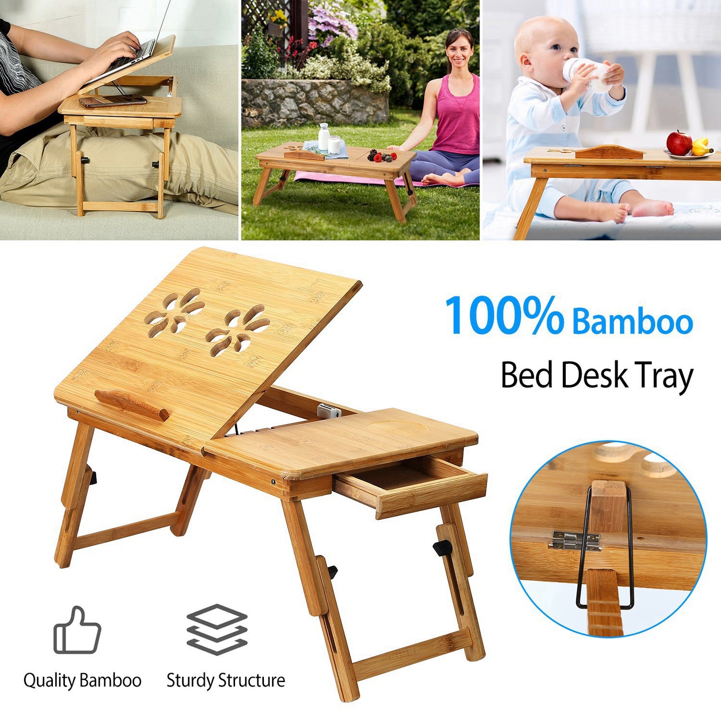 Bamboo Laptop Desk with Adjustable Legs and Storage Drawer