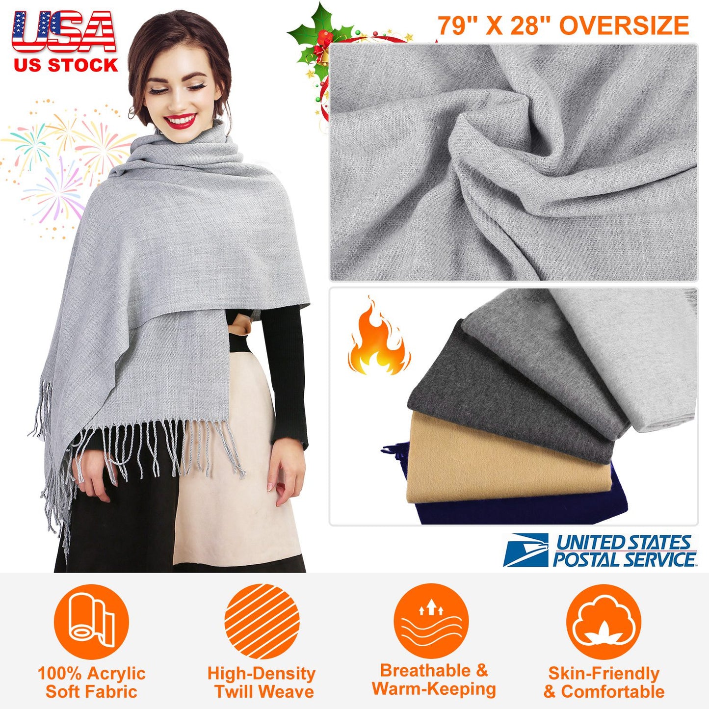 Mens Womens Oversize Cashmere Wool Shawl Wraps Blanket Winter Solid Scarf Soft Pashmina 79" X 28"