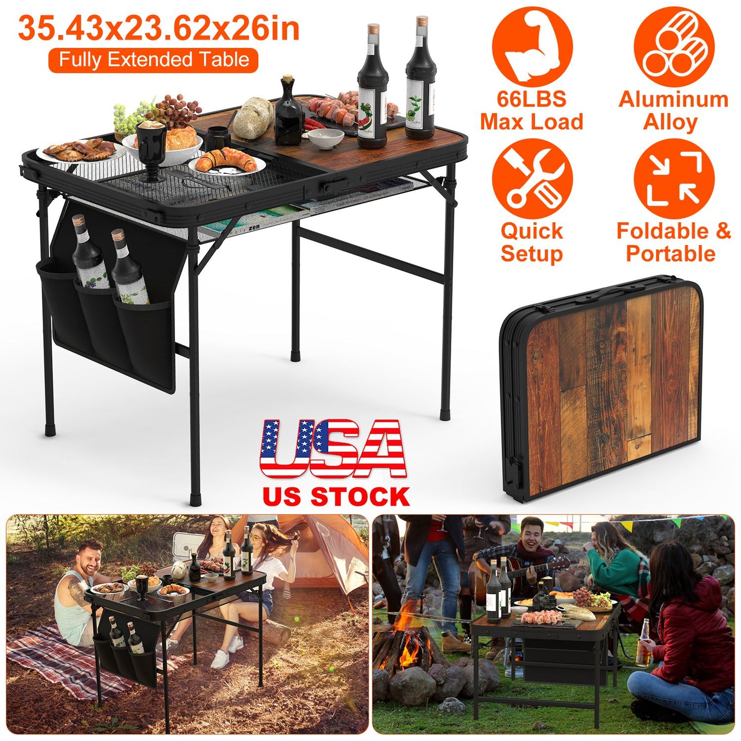 Foldable Camping Table with Adjustable Height & Storage Net