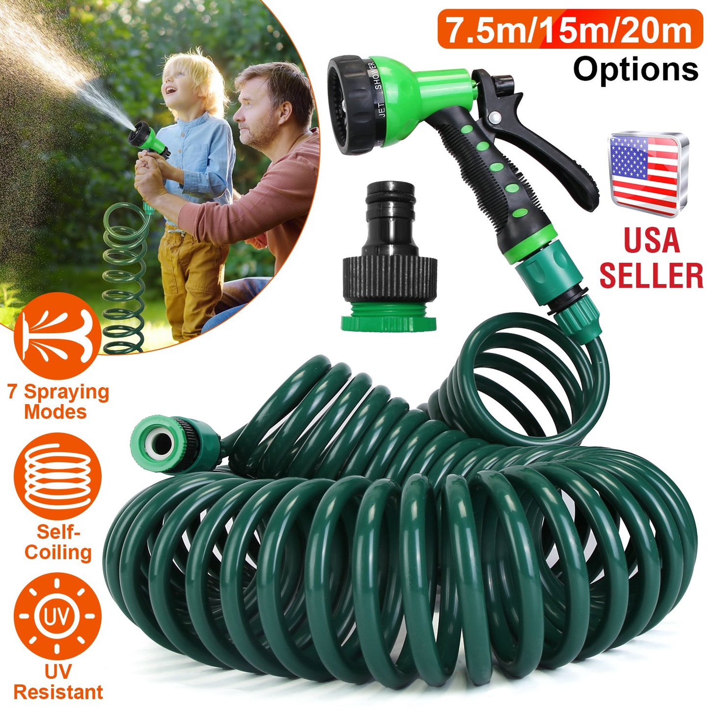 Self-Coiling Garden Hose with 7-Mode Sprayer - 49.2ft
