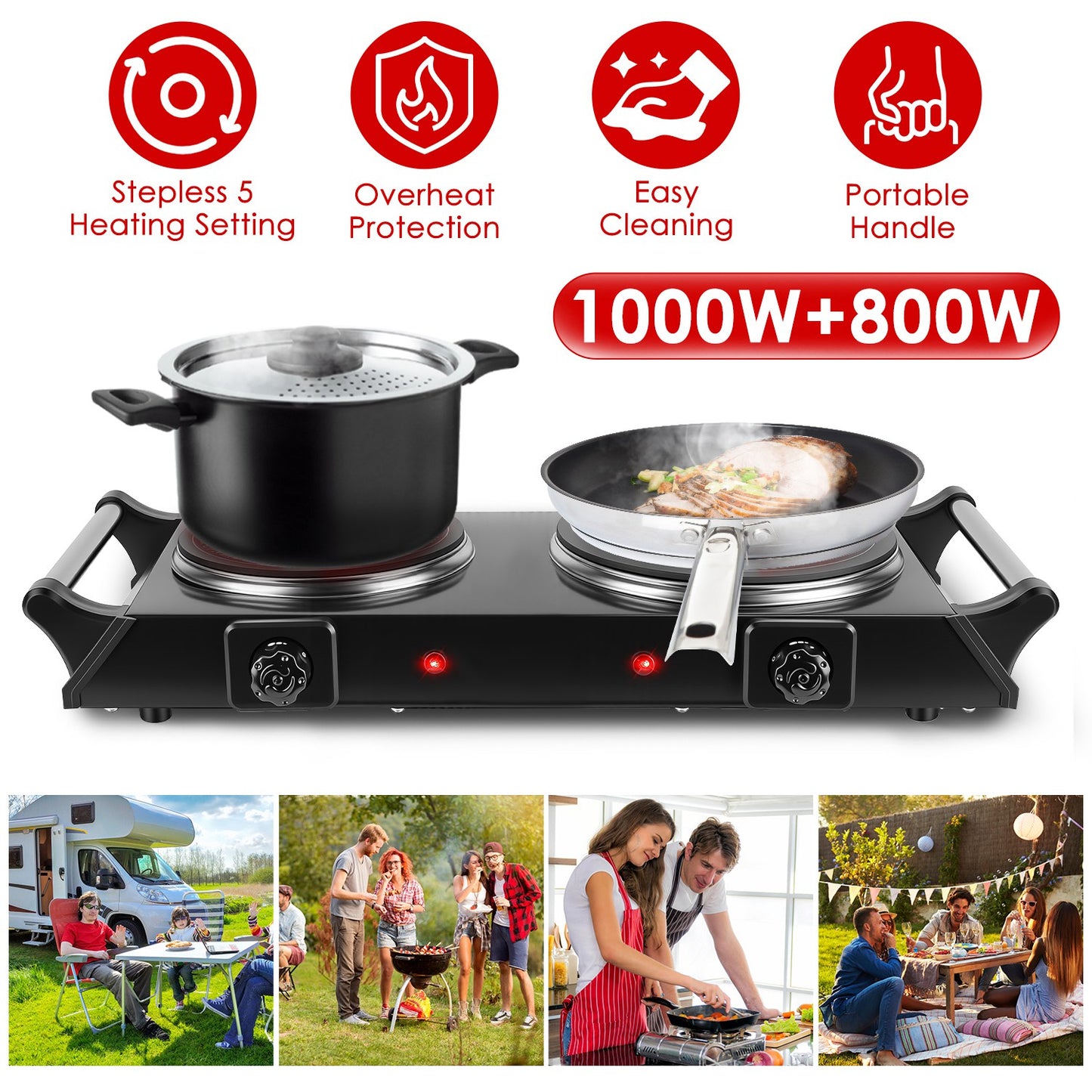 Electric Double Burner Hot Plate with Adjustable Temperature