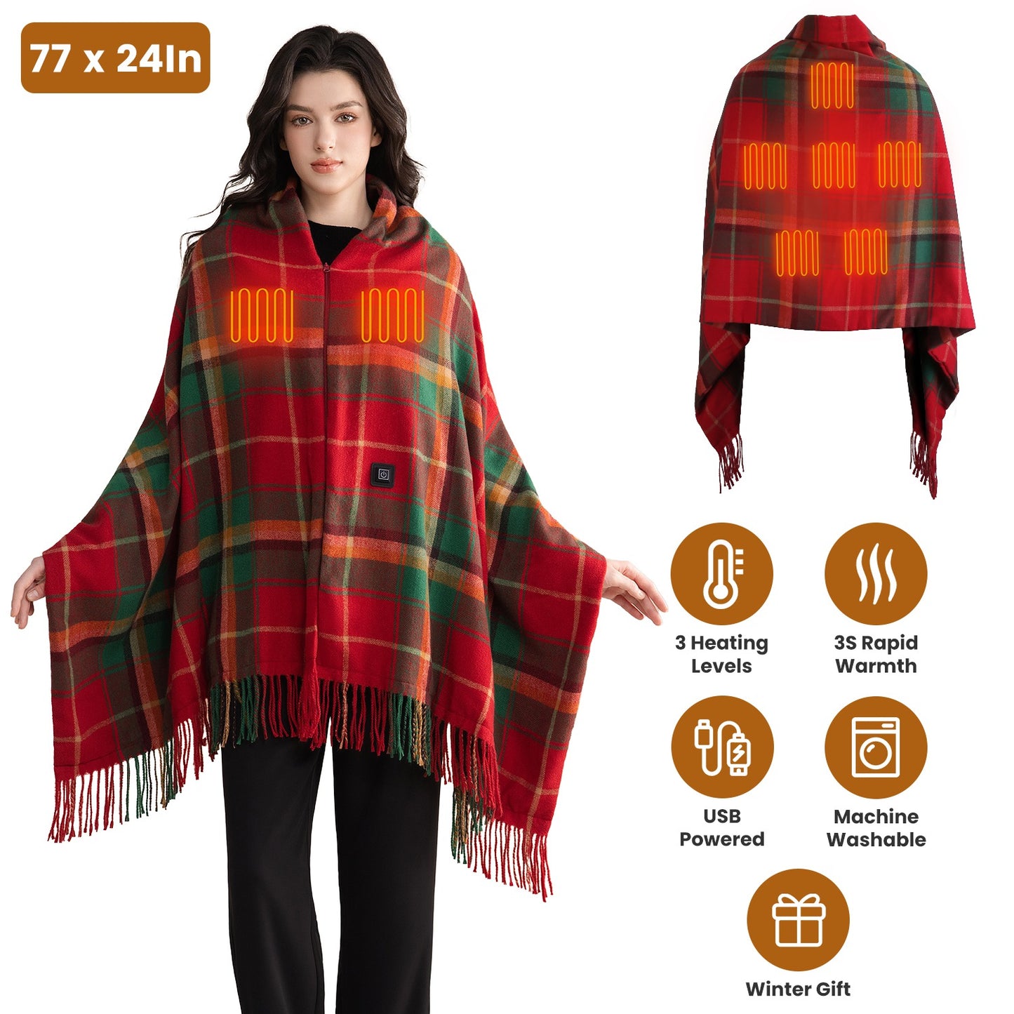 USB Heated Shawl with 3 Heat Levels and Zipper
