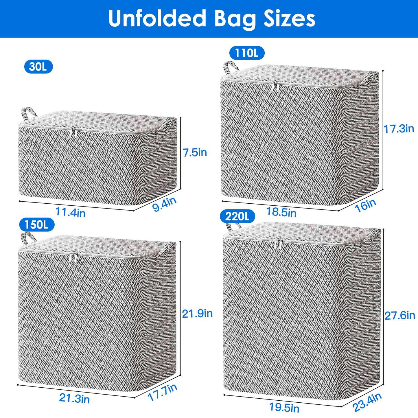 Foldable Storage Bags 4-Pack with Handles & Lids (30L-220L)