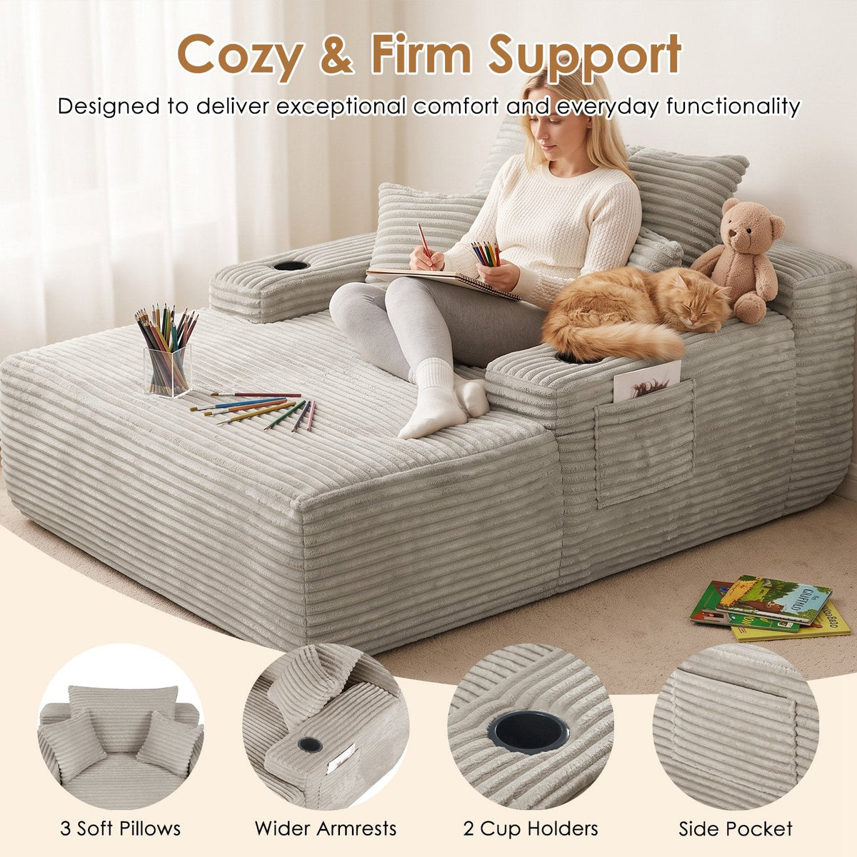 Convertible Chaise Lounge Sleeper Sofa with Cup Holders & Pillows