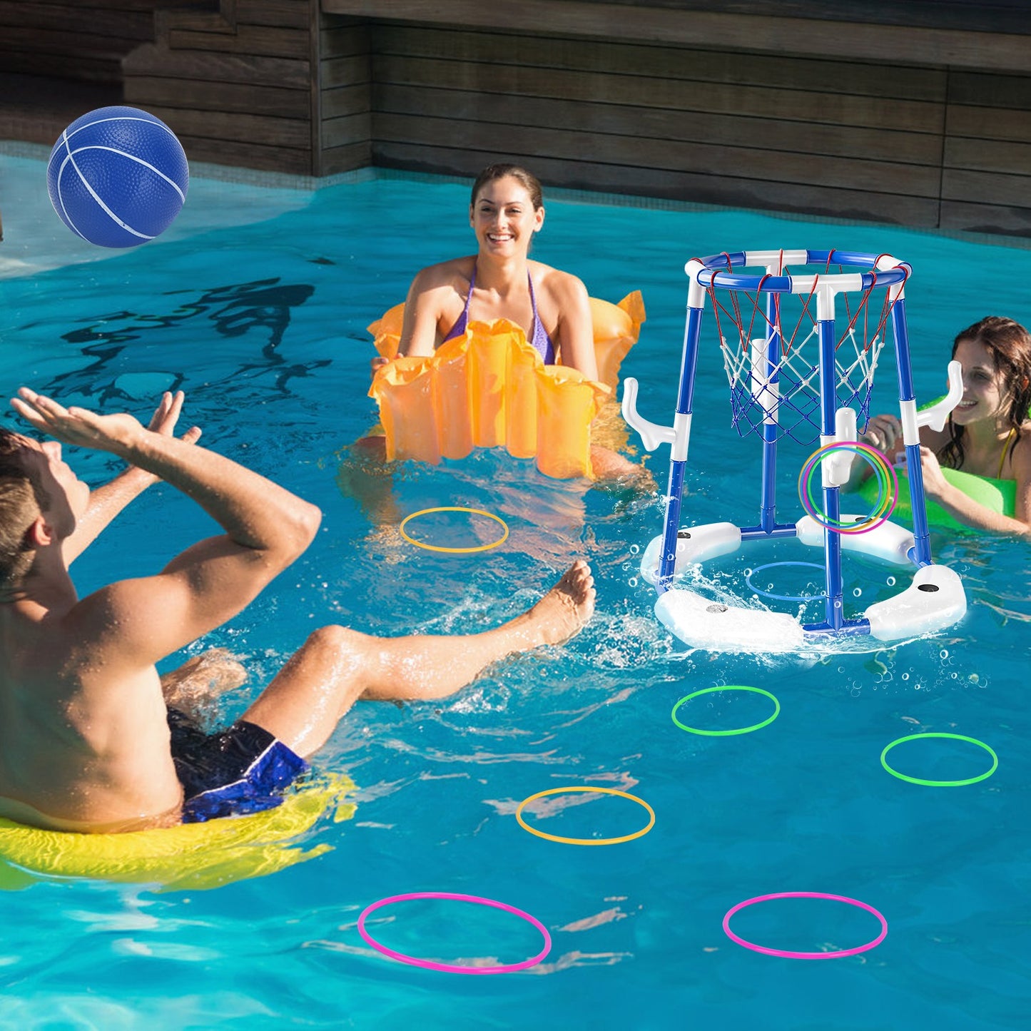 Pool Basketball Hoop Set with 4 Balls & Pump for Kids