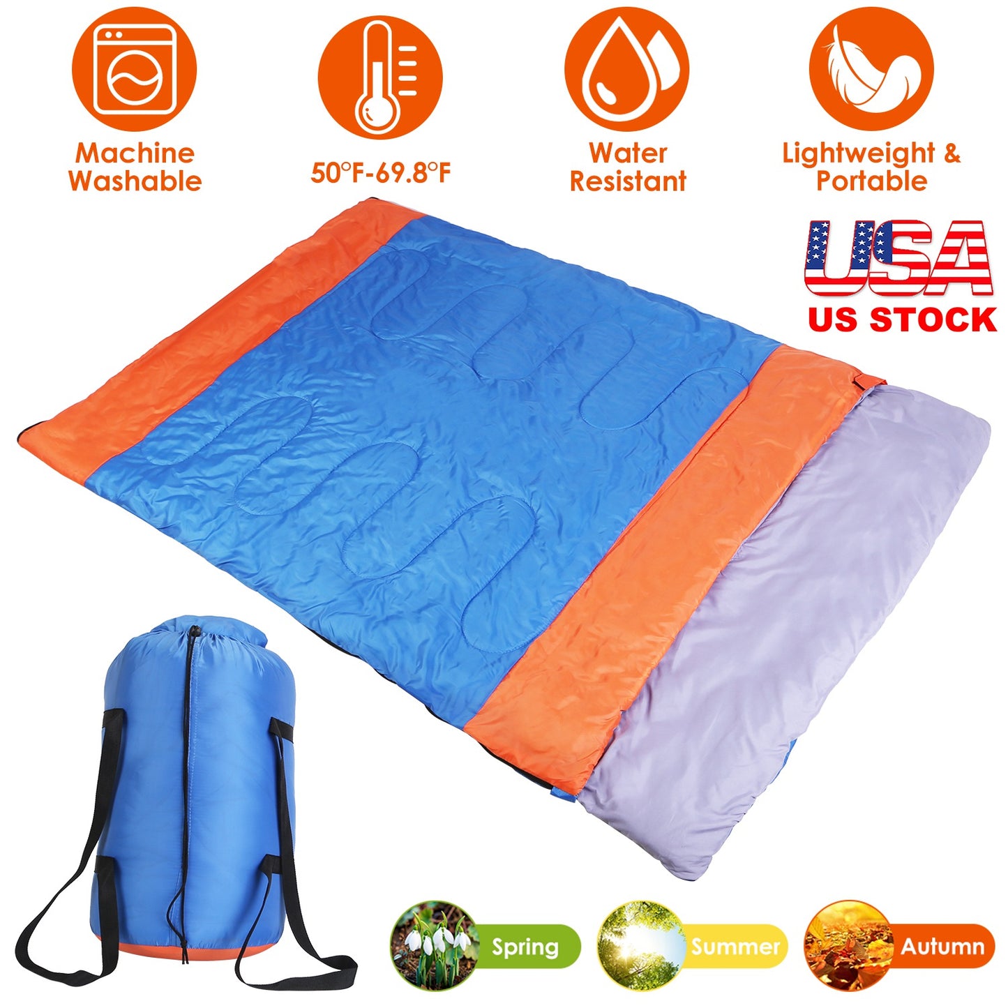 Double Sleeping Bag for 2-3 People - Water Resistant Cotton