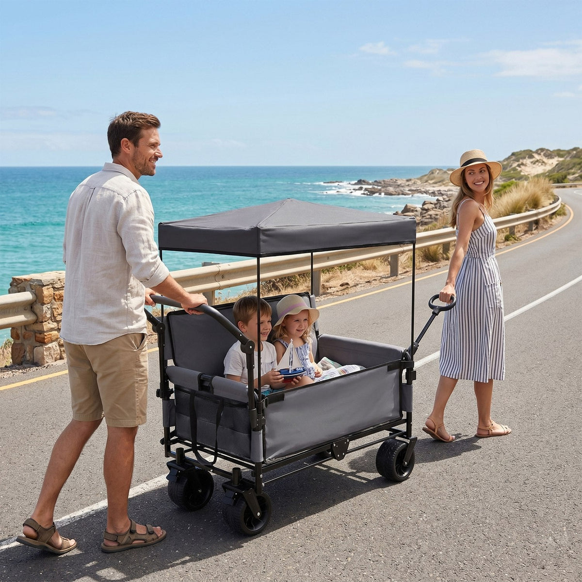Folding Wagon Cart with Bench Seat & Canopy, 500lbs Capacity