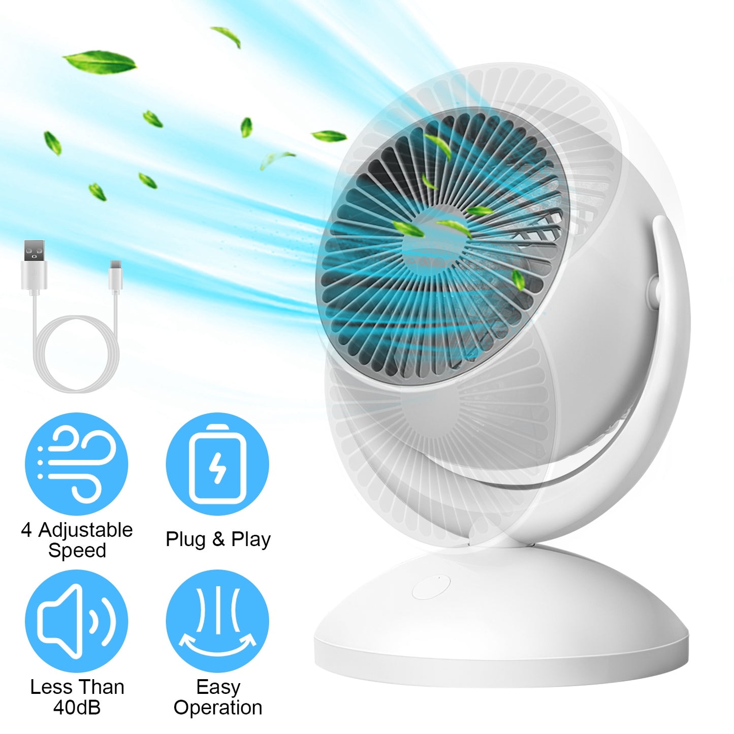 Rechargeable Desk Fan with 4 Speeds and Auto Oscillation