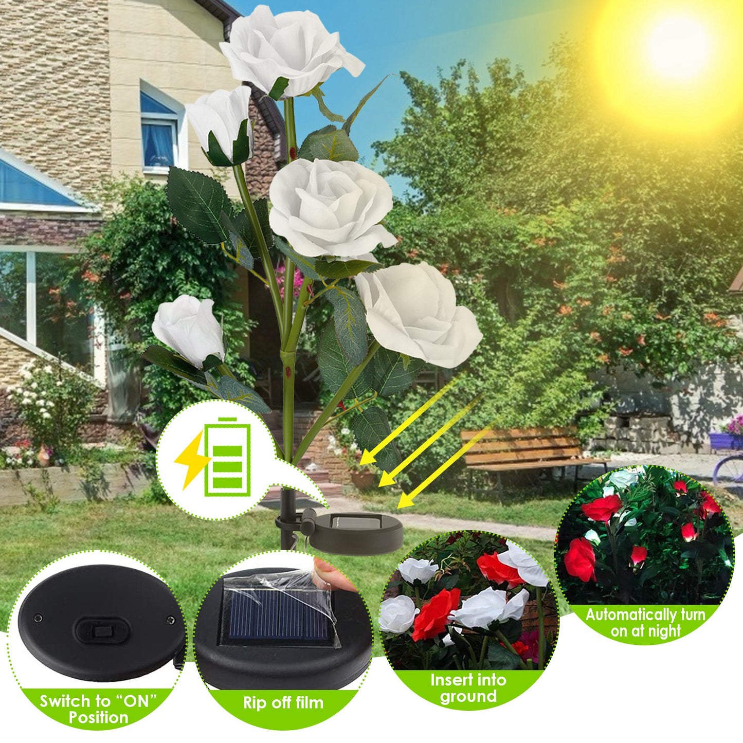 Solar Rose Flower Stake Lights - 2 Pack Outdoor Garden Decor