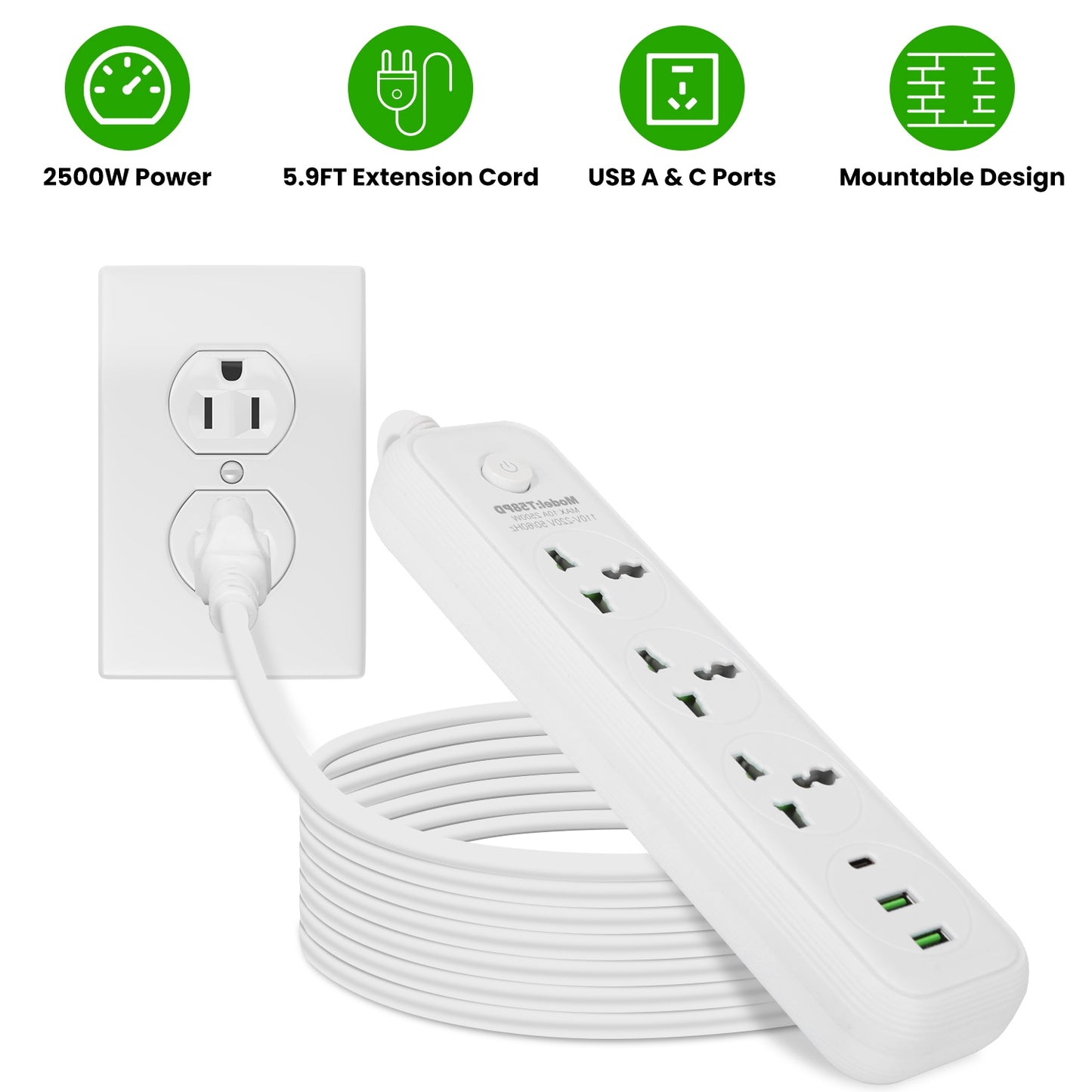 Power Strip with 5.9ft Extension Cord, 3 AC Outlets & USB Ports