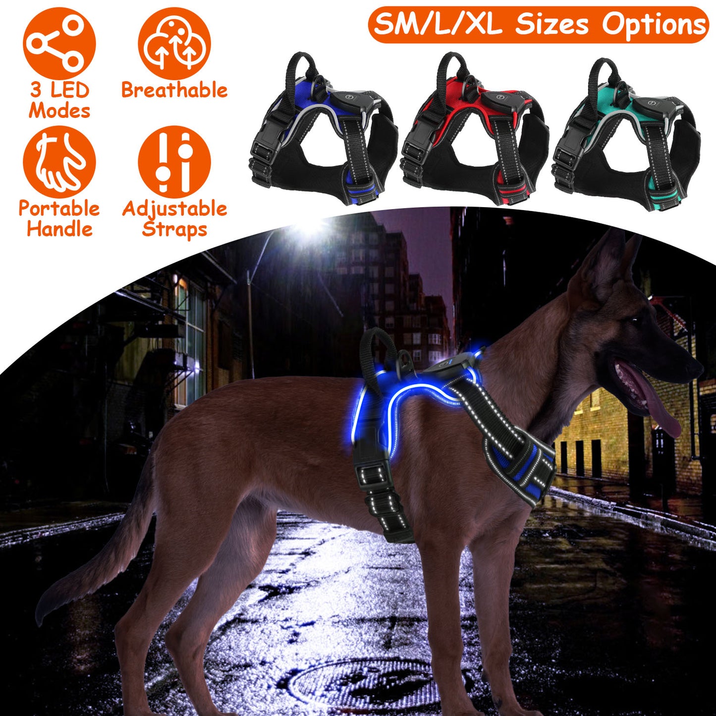 LED Dog Harness Rechargeable No-Pull Vest with Handle