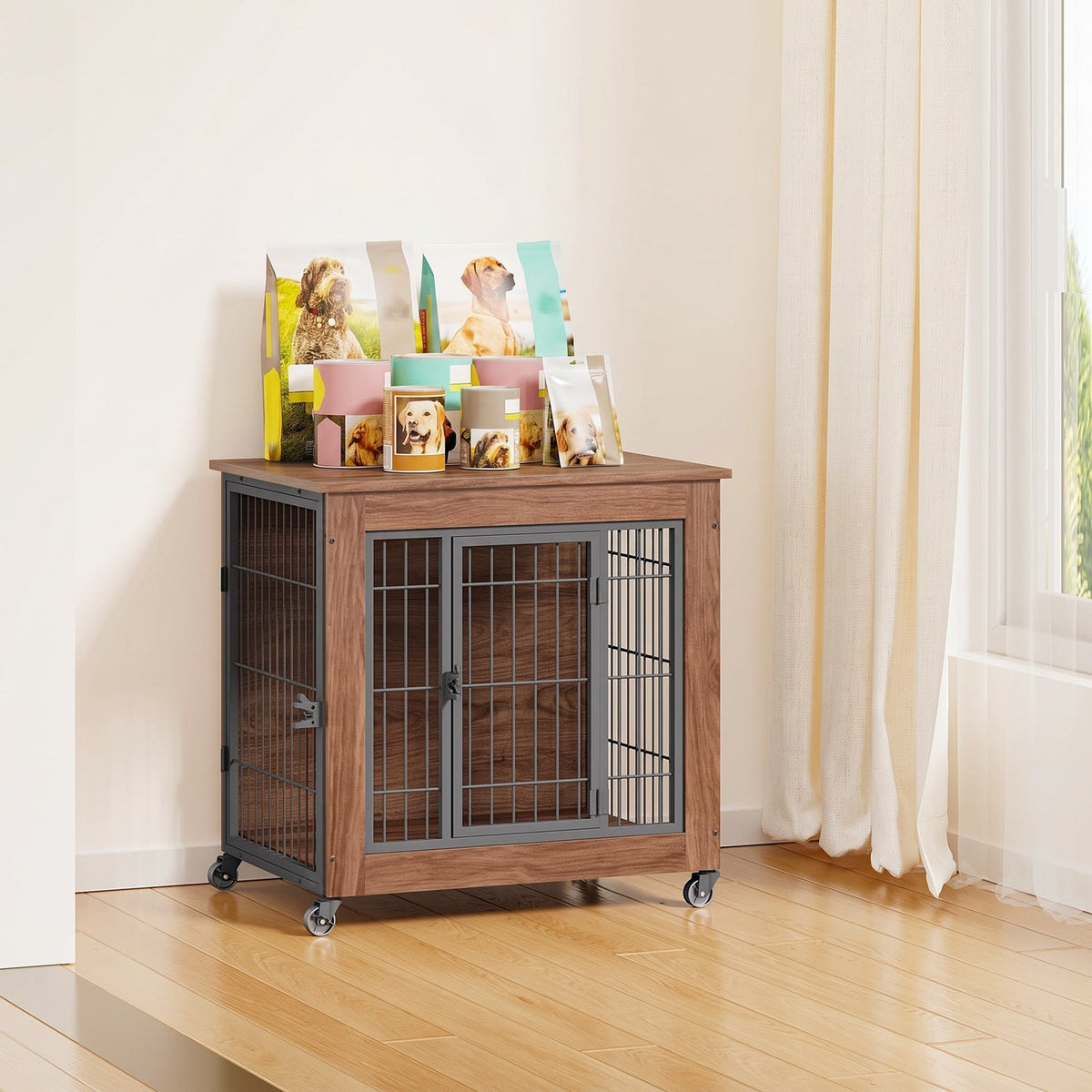 Dog Crate Furniture with Lockable Wheels & Dual Doors