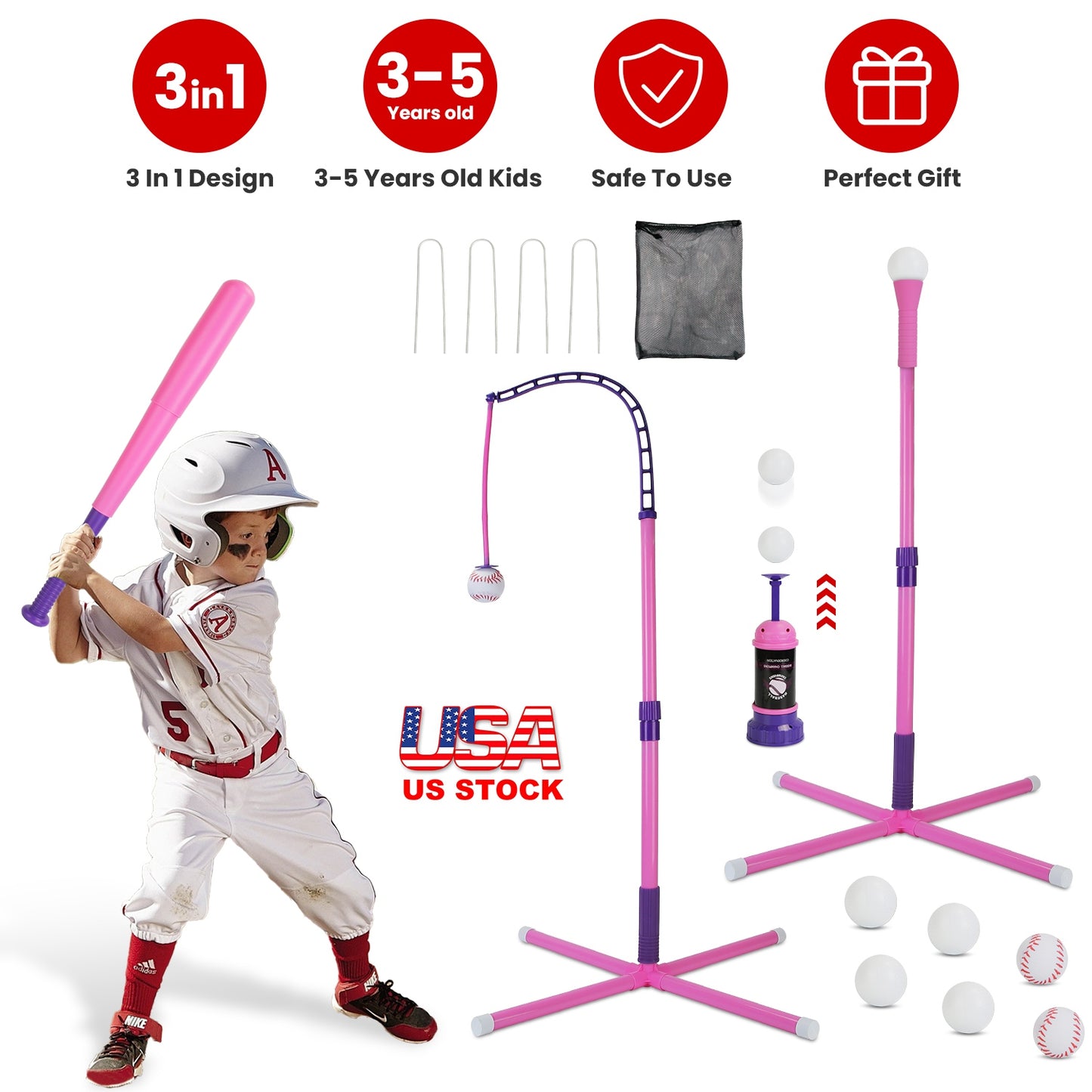 3-in-1 Baseball Toy Set with Adjustable Tee & Launcher