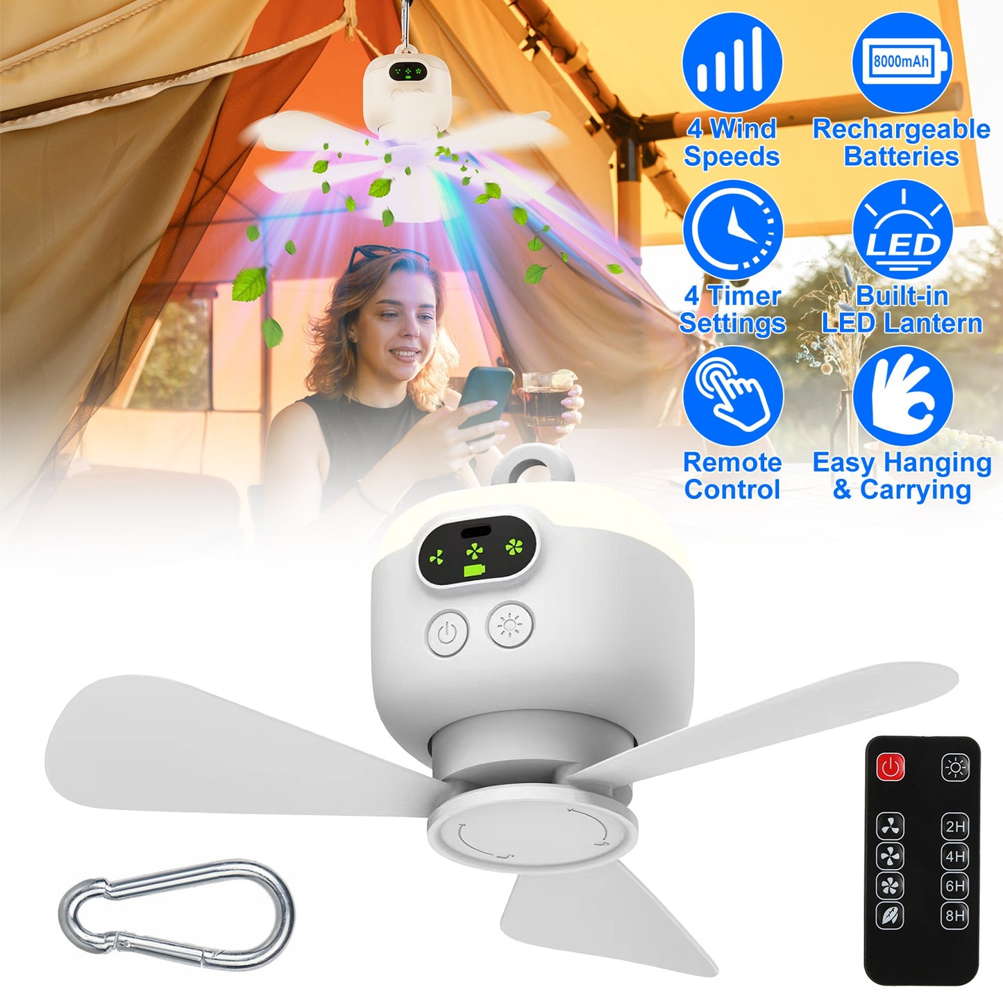 Portable Camping Fan with LED Lantern 8000mAh Battery Powered
