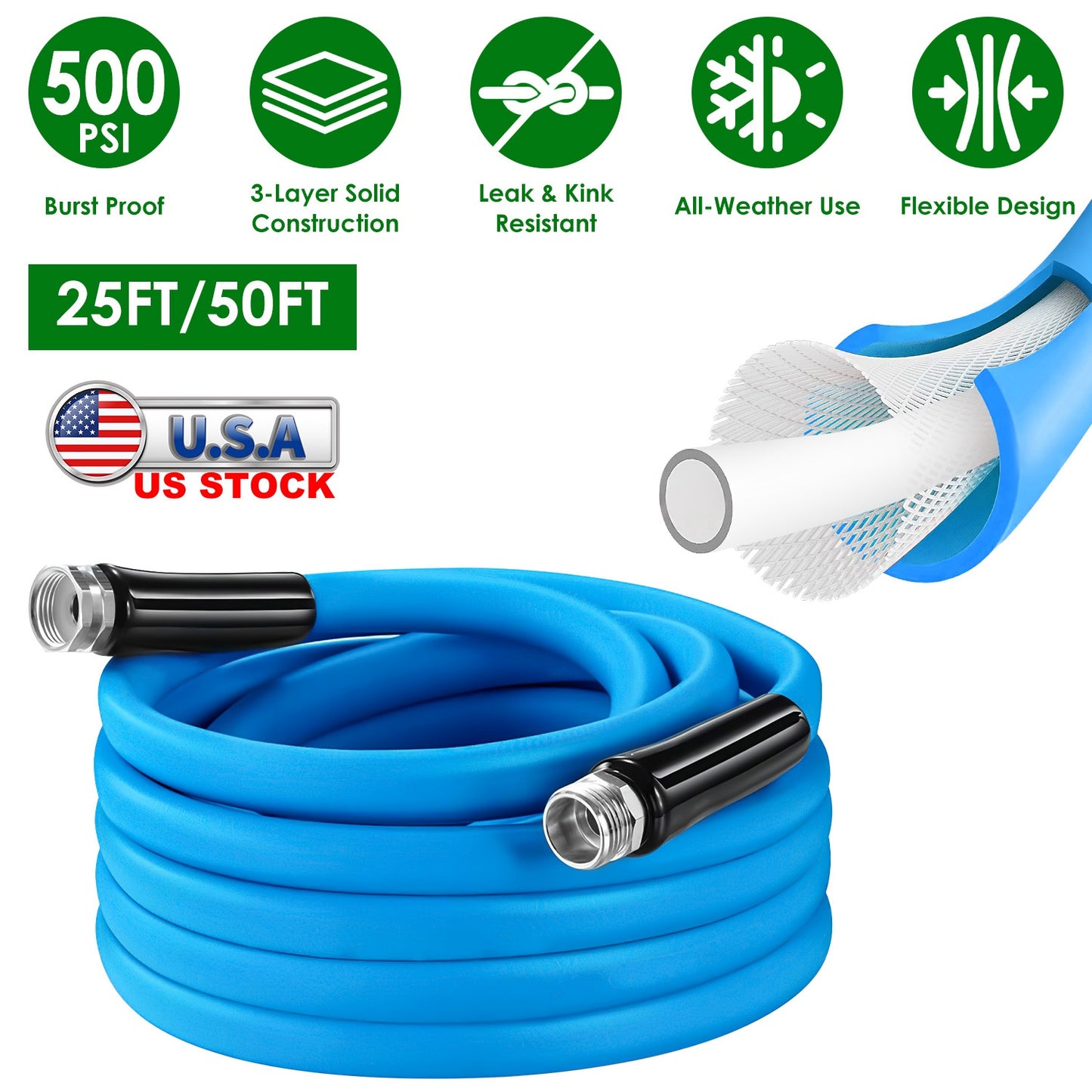 5/8" Heavy Duty PVC Garden Hose - Kink-Free, 500PSI Burst