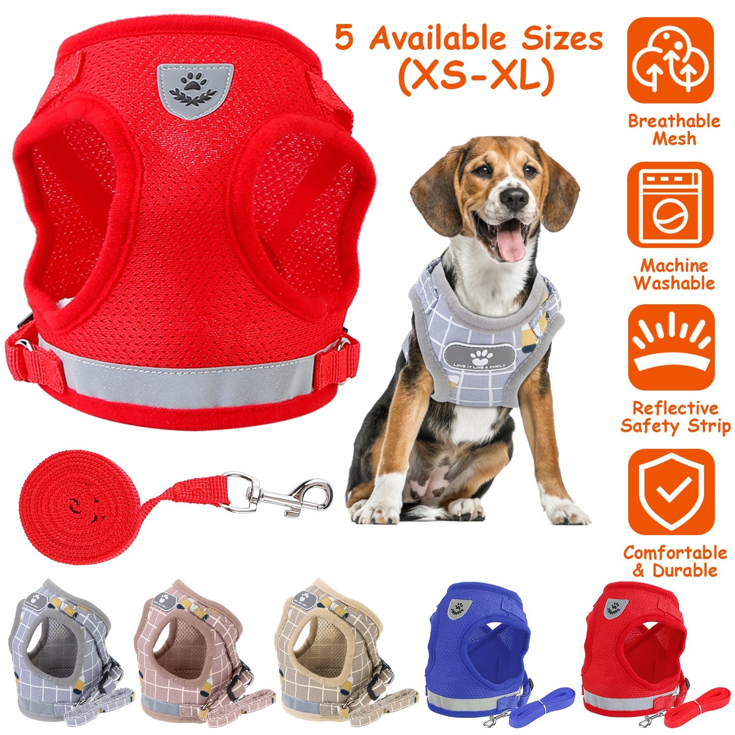 Reflective Dog Harness and Leash Set with Adjustable Mesh Vest