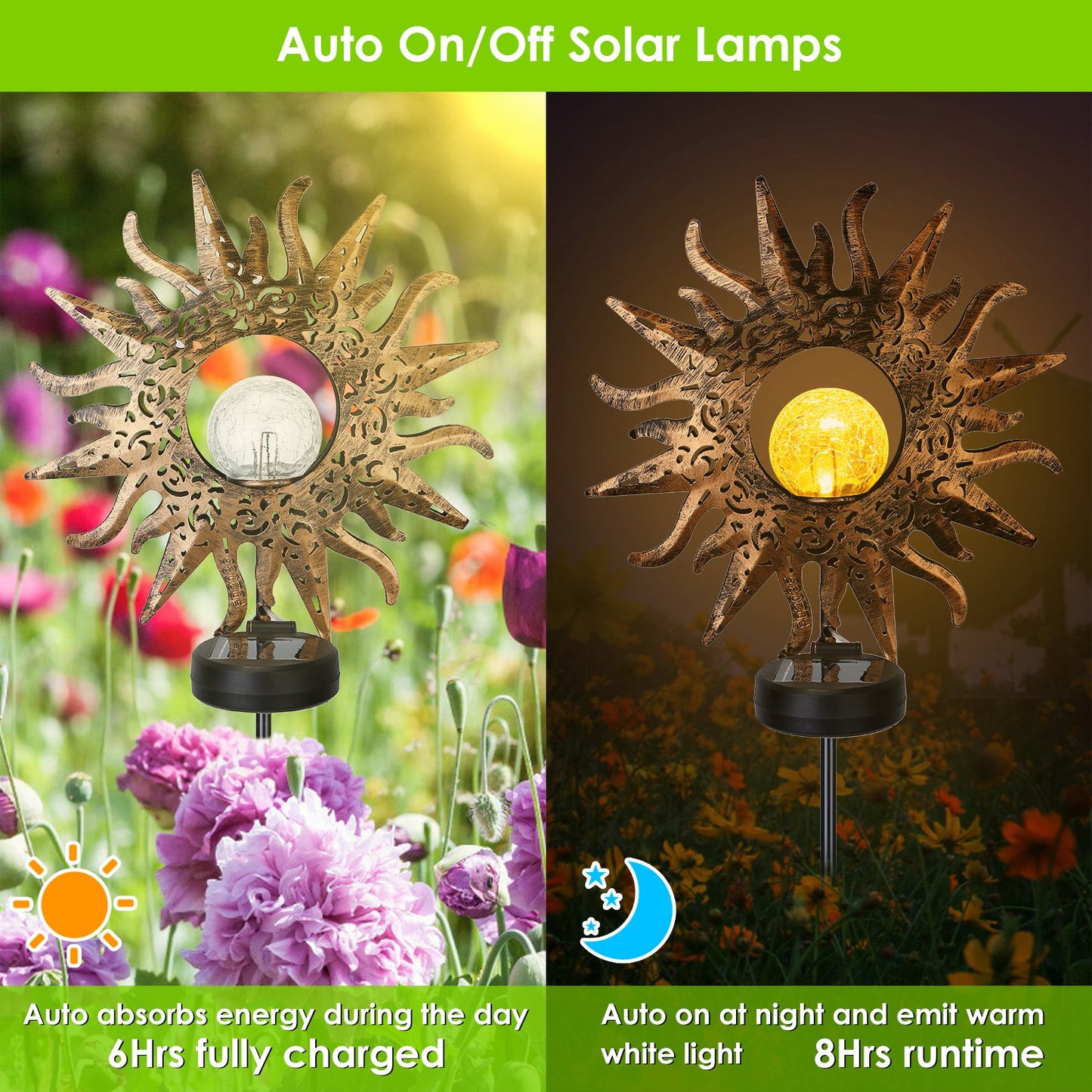 Solar Moon Star Garden Stake Light with Crackle Glass Globe