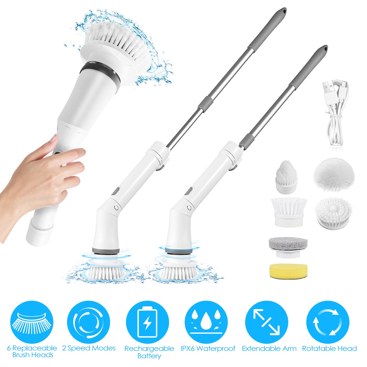 Electric Spin Scrubber with Telescopic Arm & 6 Brush Heads