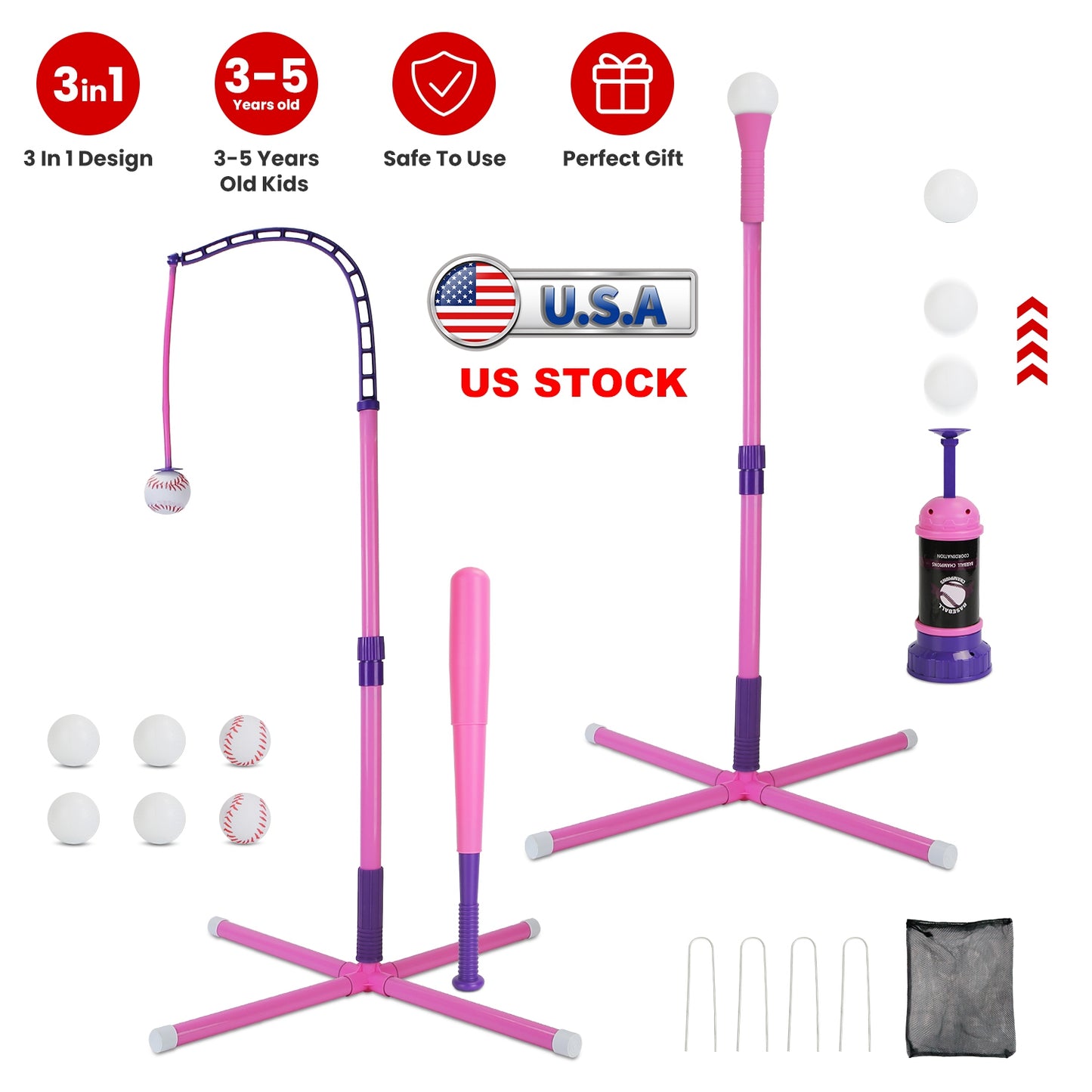 3-in-1 Baseball Toy Set with Adjustable Tee & Launcher