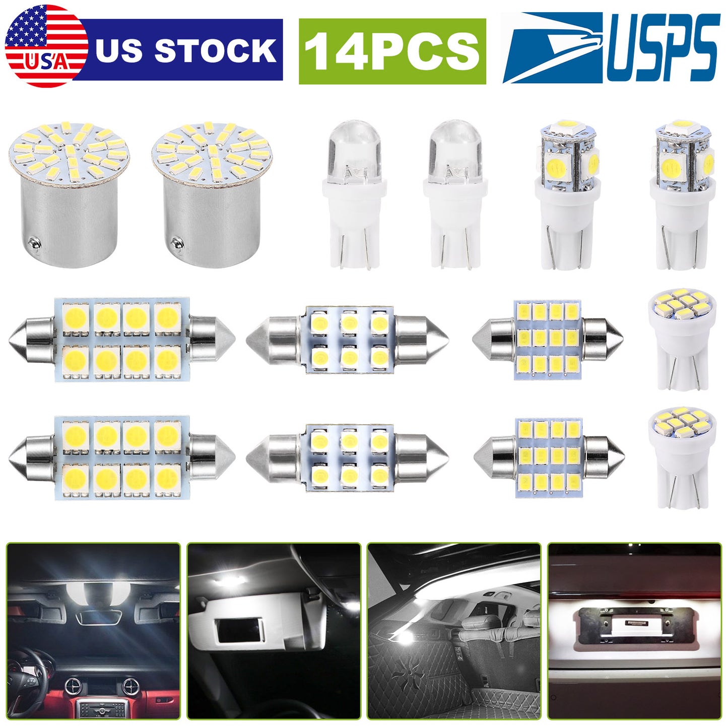 LED Interior Light Bulb Kit for Car - 14 Piece Set, 6000K White